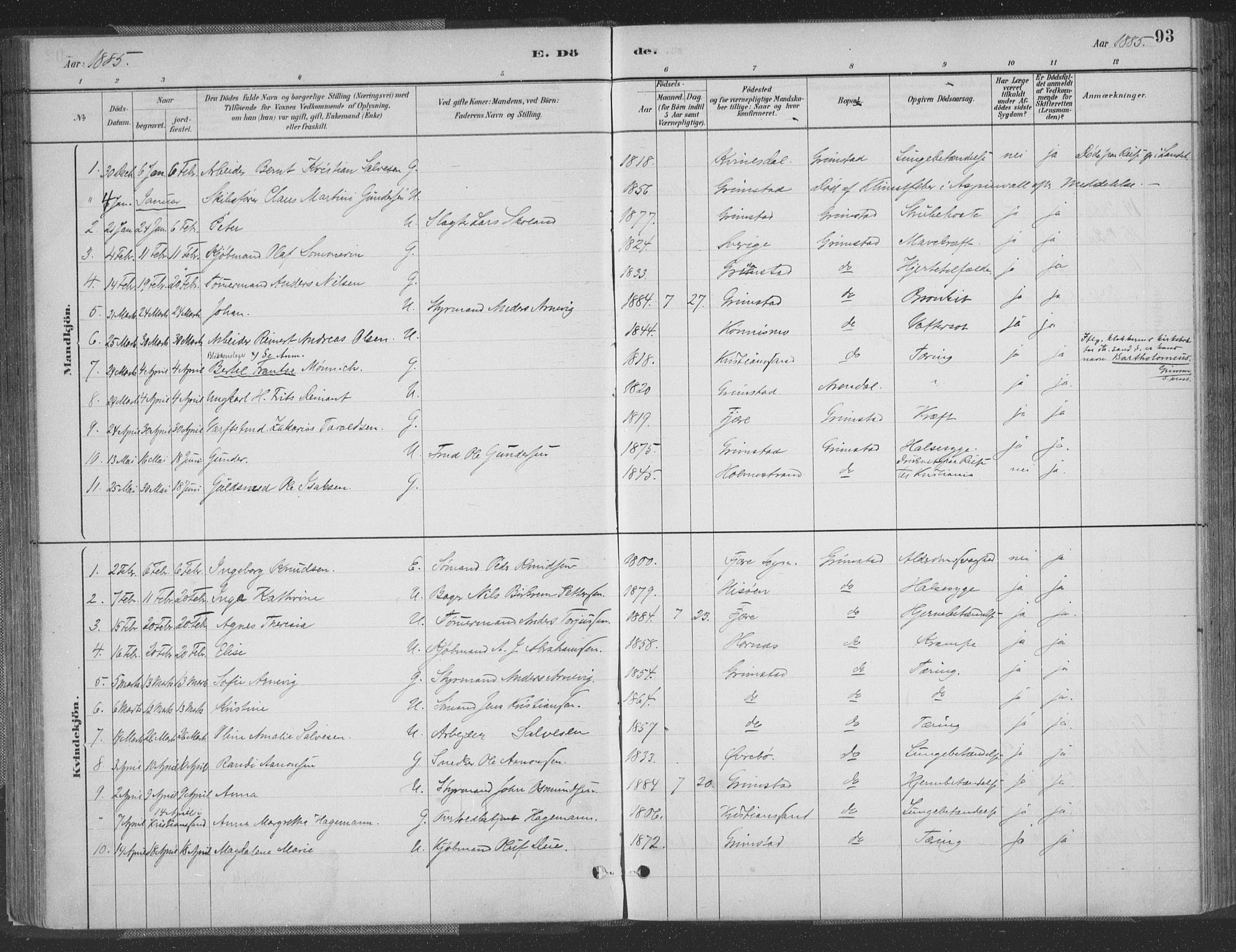 Grimstad sokneprestkontor, AV/SAK-1111-0017/F/Fa/L0004: Ministerialbok nr. A 3, 1882-1910, s. 93