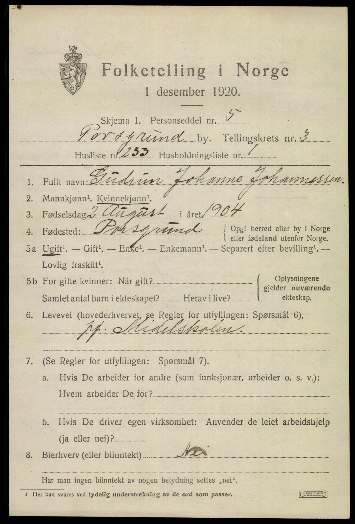 SAKO, Folketelling 1920 for 0805 Porsgrunn kjøpstad, 1920, s. 17383