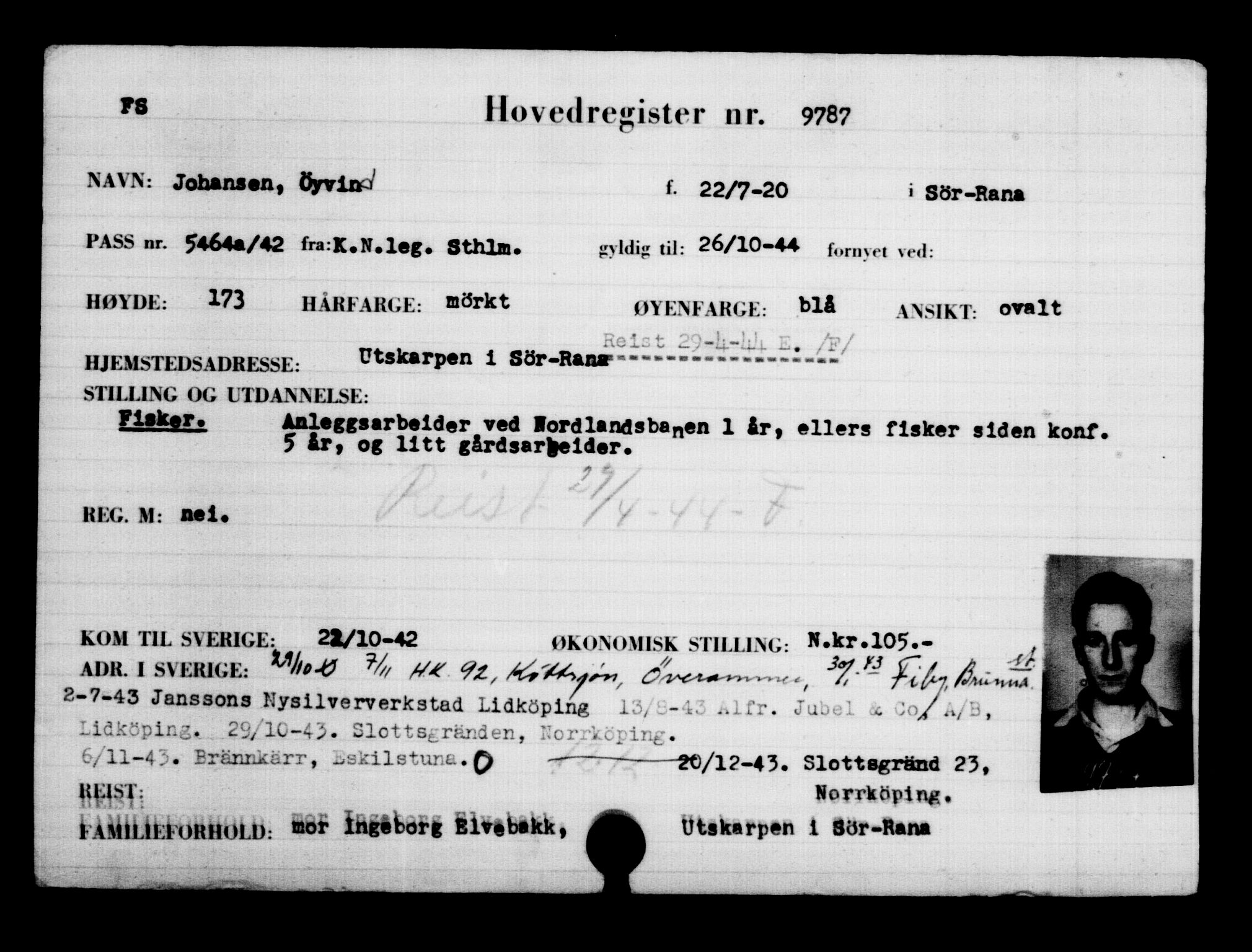 Utenriksstasjonene, Legasjonen i Stockholm, Flyktningkontoret, AV/RA-S-6753/V/Va/L0006: Kjesäterkartoteket, flyktninger med registreringsnr. 9400-12711, 1940-1945, s. 437