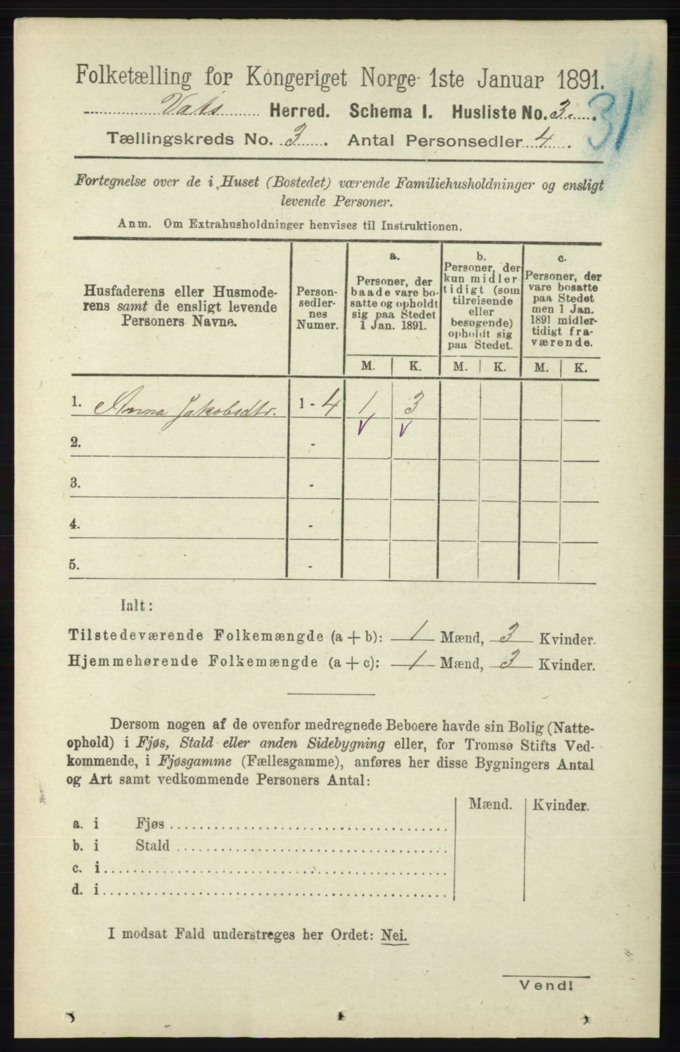 RA, Folketelling 1891 for 1155 Vats herred, 1891, s. 422