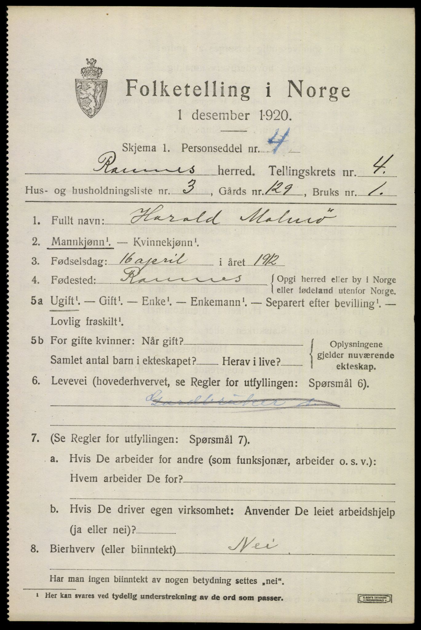 SAKO, Folketelling 1920 for 0718 Ramnes herred, 1920, s. 4350