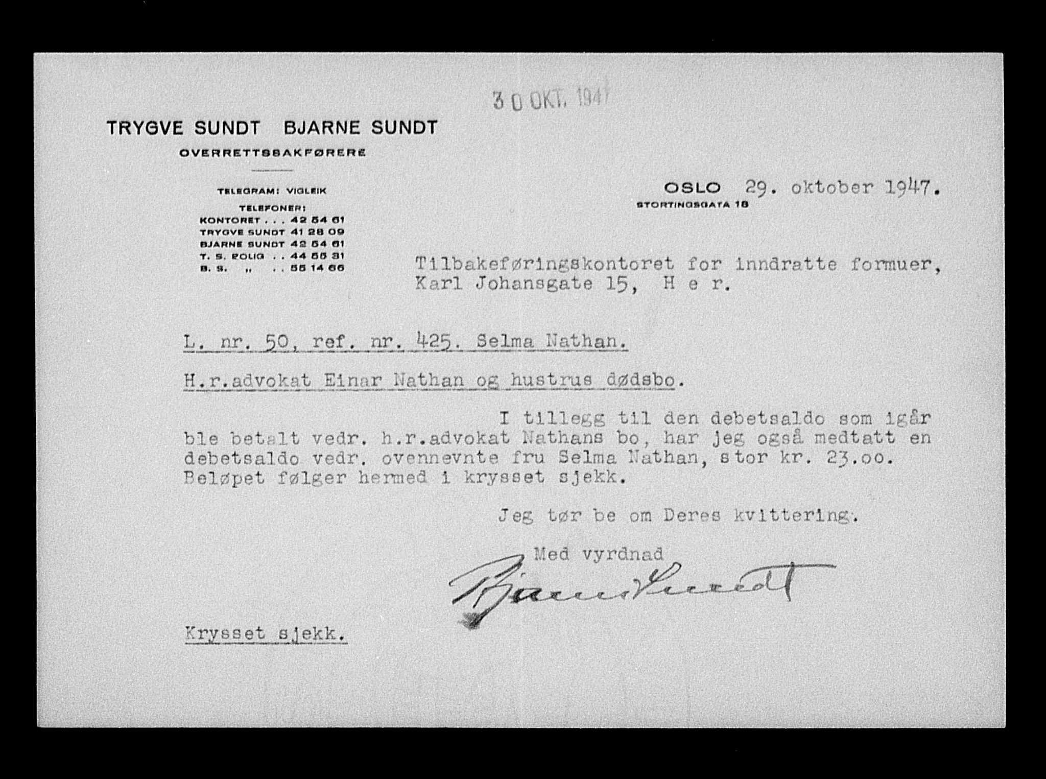 Justisdepartementet, Tilbakeføringskontoret for inndratte formuer, AV/RA-S-1564/H/Hc/Hcc/L0967: --, 1945-1947, s. 241