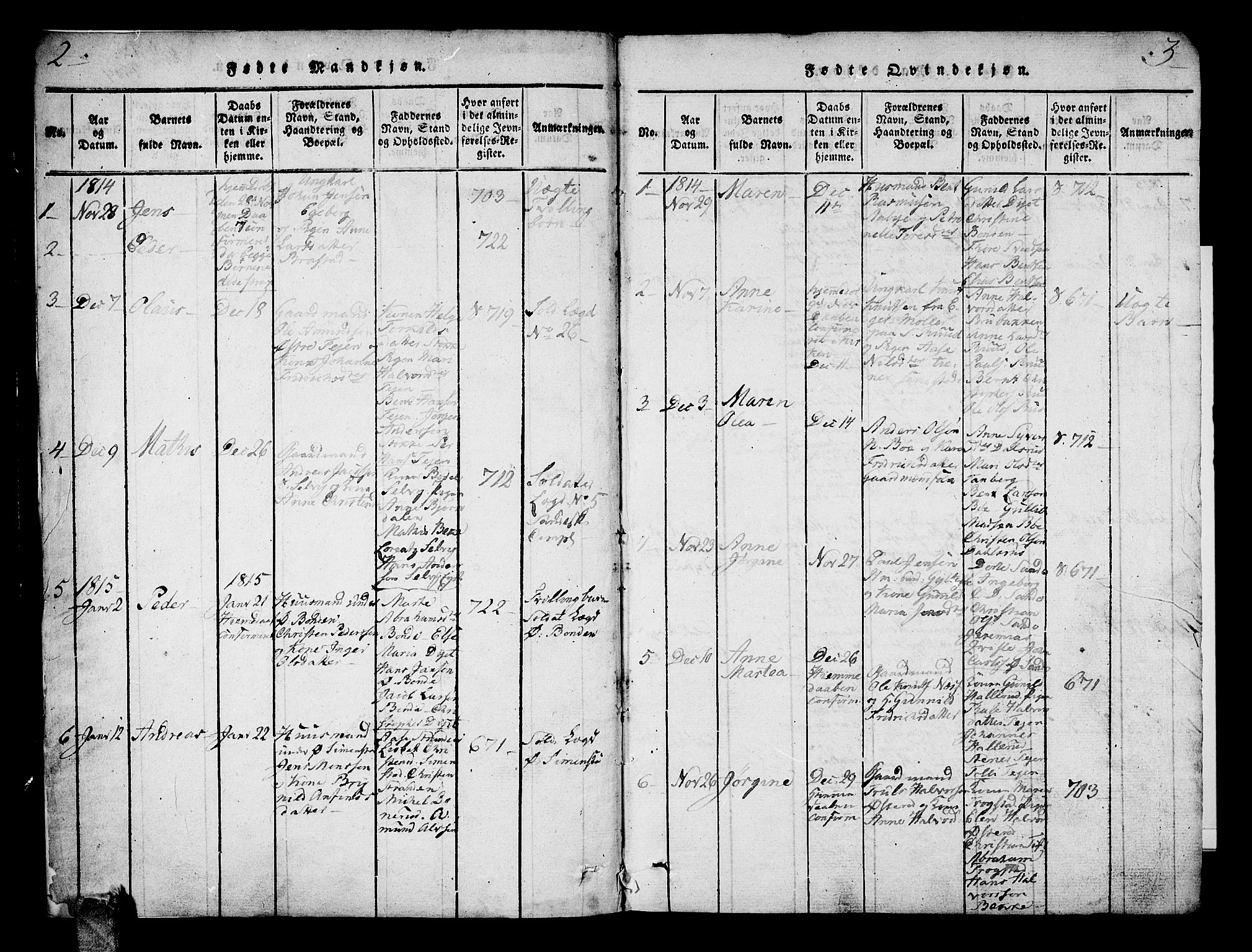 Sande Kirkebøker, AV/SAKO-A-53/G/Ga/L0001: Klokkerbok nr. 1, 1814-1847, s. 2-3
