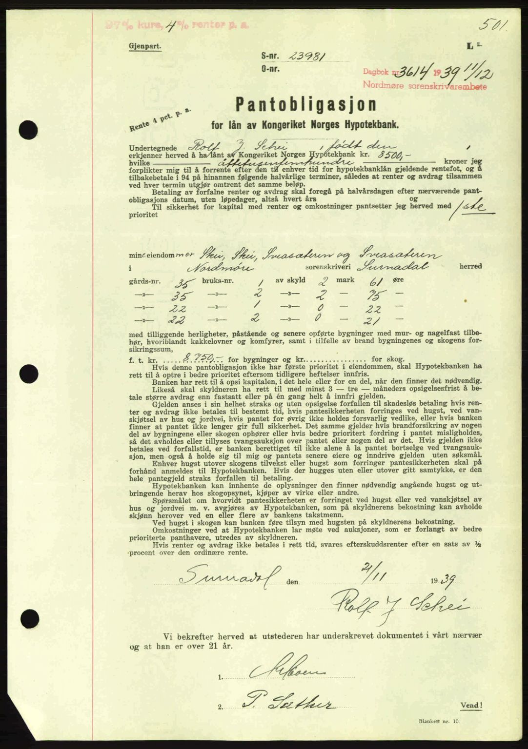 Nordmøre sorenskriveri, AV/SAT-A-4132/1/2/2Ca: Pantebok nr. B86, 1939-1940, Dagboknr: 3614/1939