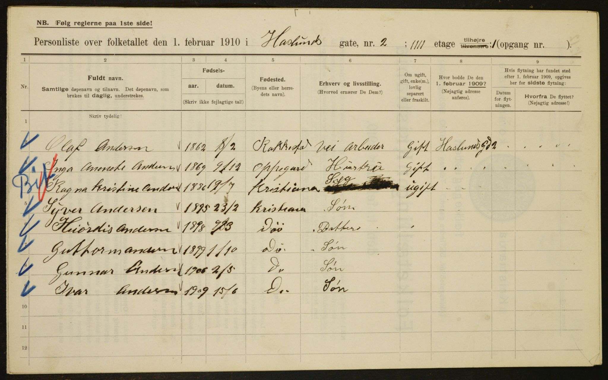 OBA, Kommunal folketelling 1.2.1910 for Kristiania, 1910, s. 33109