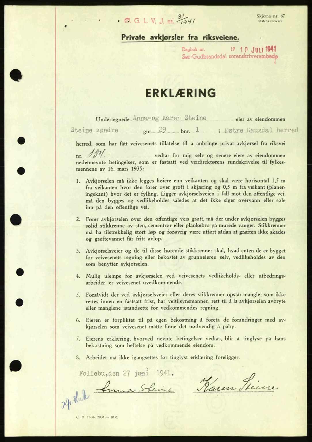 Sør-Gudbrandsdal tingrett, SAH/TING-004/H/Hb/Hbd/L0009: Pantebok nr. A9, 1941-1941, Dagboknr: 1186/1941