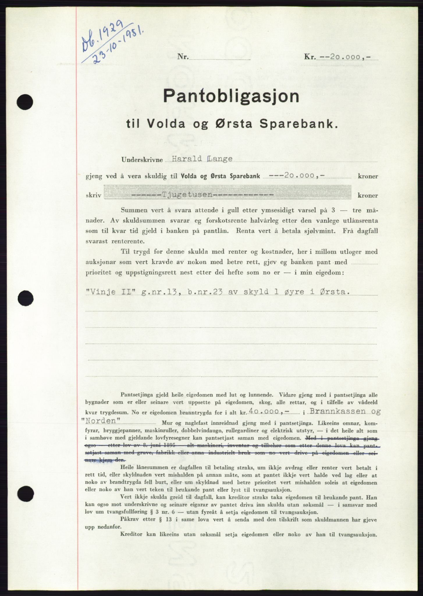 Søre Sunnmøre sorenskriveri, SAT/A-4122/1/2/2C/L0120: Pantebok nr. 8B, 1951-1951, Dagboknr: 1929/1951