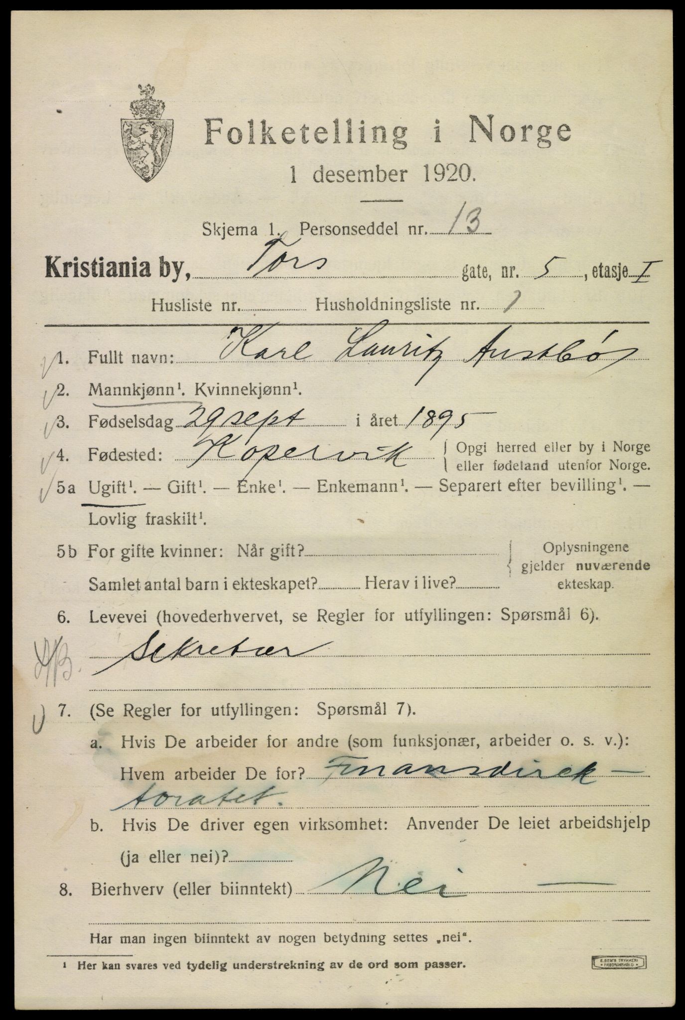 SAO, Folketelling 1920 for 0301 Kristiania kjøpstad, 1920, s. 590773