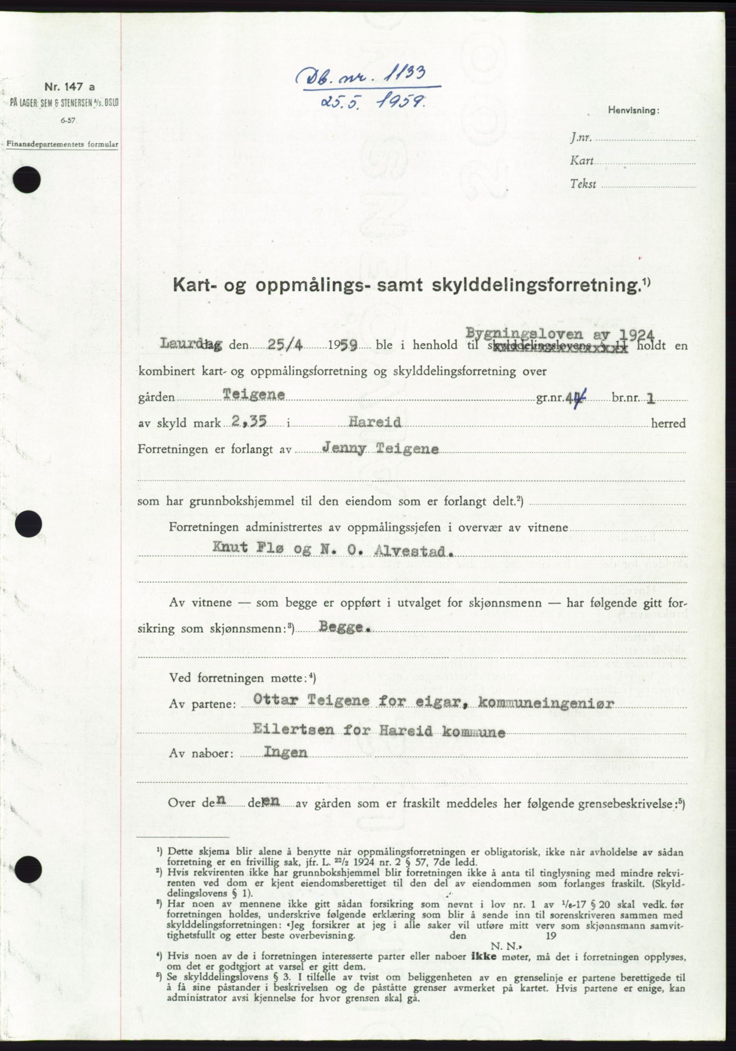 Søre Sunnmøre sorenskriveri, SAT/A-4122/1/2/2C/L0112: Pantebok nr. 38A, 1959-1959, Dagboknr: 1133/1959