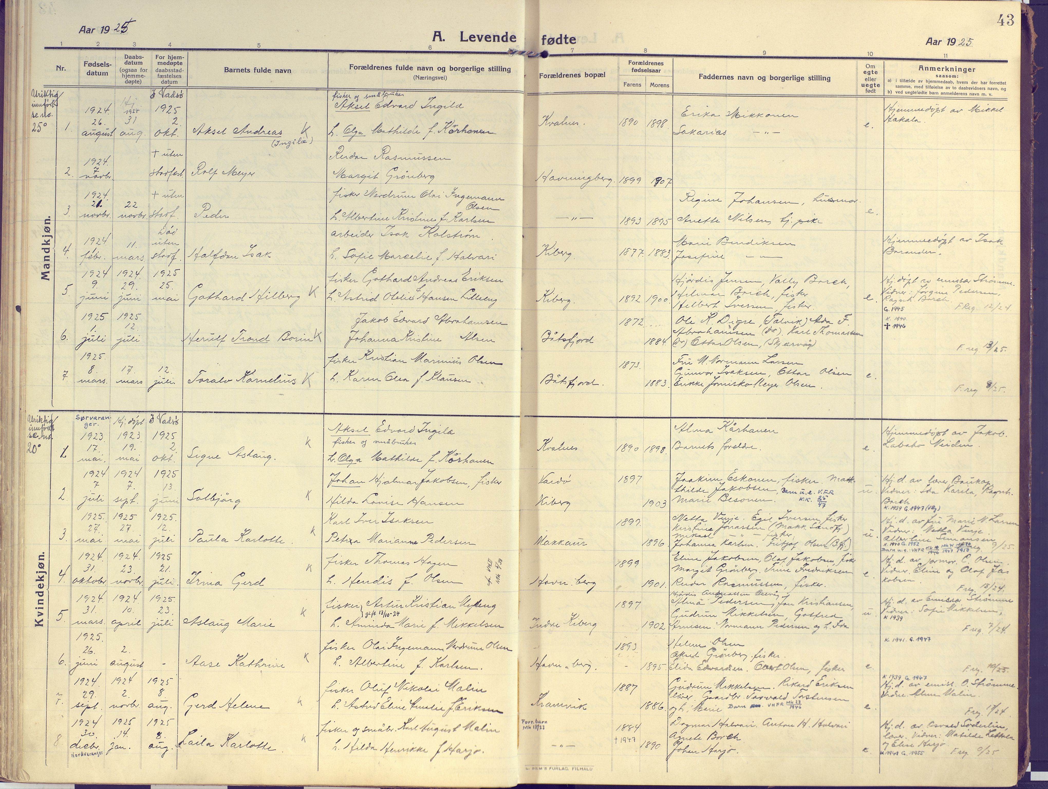 Vardø sokneprestkontor, AV/SATØ-S-1332/H/Ha/L0013kirke: Ministerialbok nr. 13, 1912-1928, s. 43