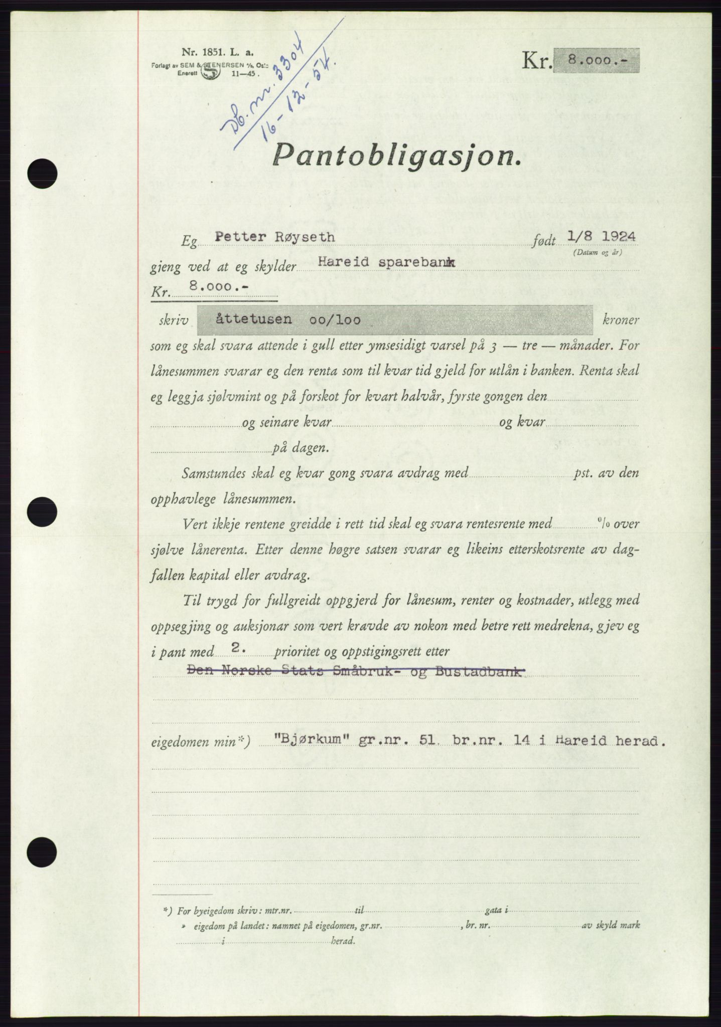 Søre Sunnmøre sorenskriveri, AV/SAT-A-4122/1/2/2C/L0126: Pantebok nr. 14B, 1954-1955, Dagboknr: 3304/1954