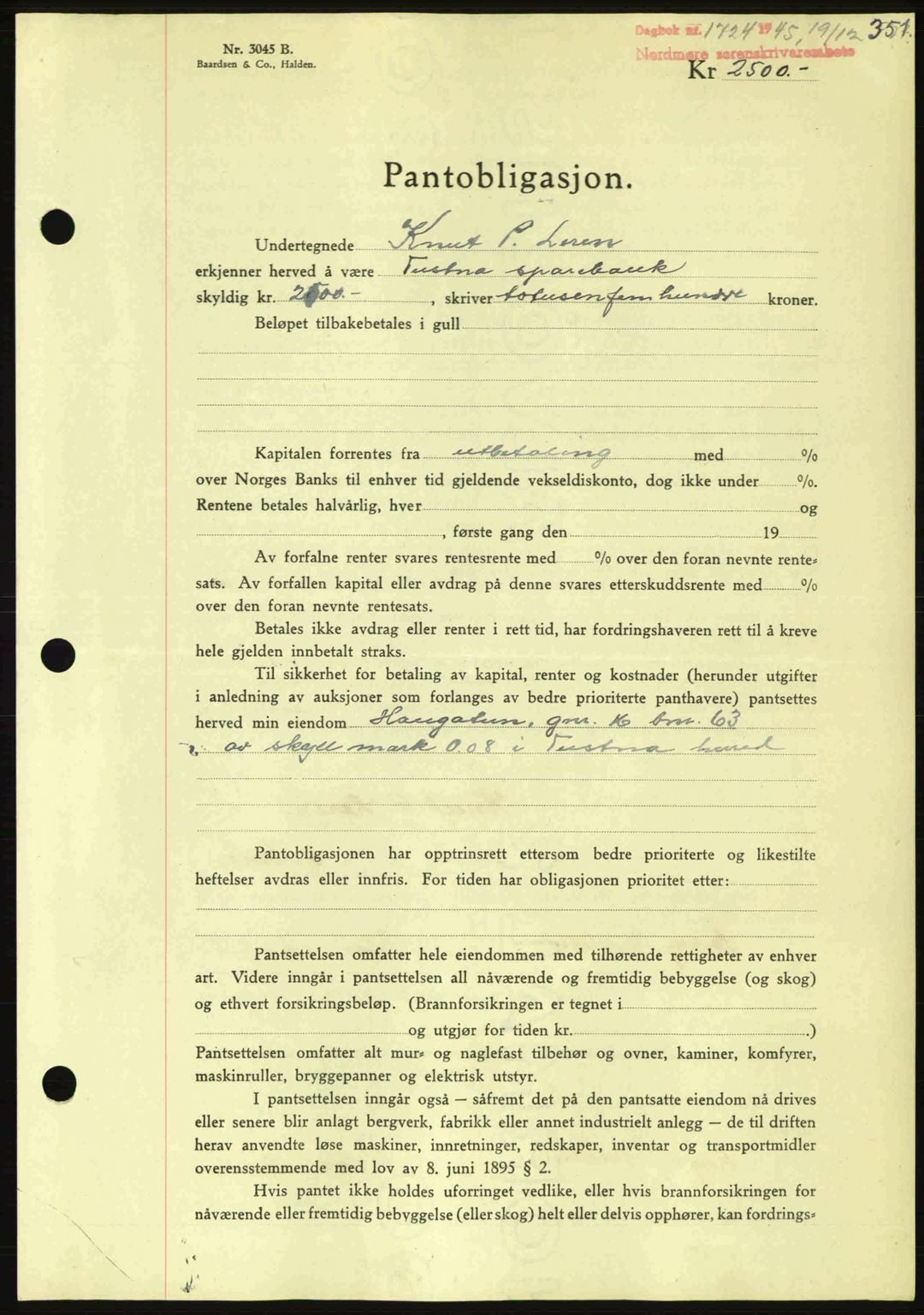 Nordmøre sorenskriveri, AV/SAT-A-4132/1/2/2Ca: Pantebok nr. B93a, 1945-1945, Dagboknr: 1724/1945