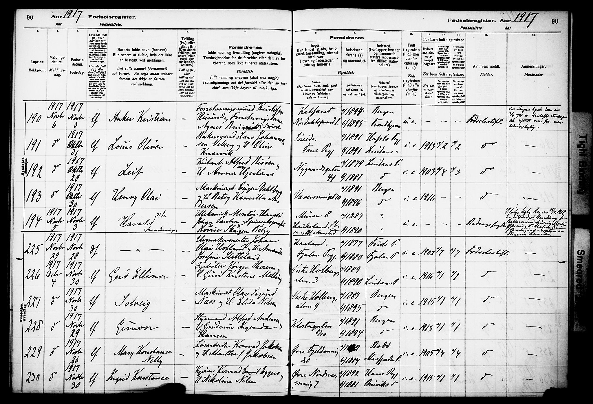 Kvinneklinikken, AV/SAB-A-76301/F/L0A01: Fødselsregister nr. A 1, 1916-1920, s. 90