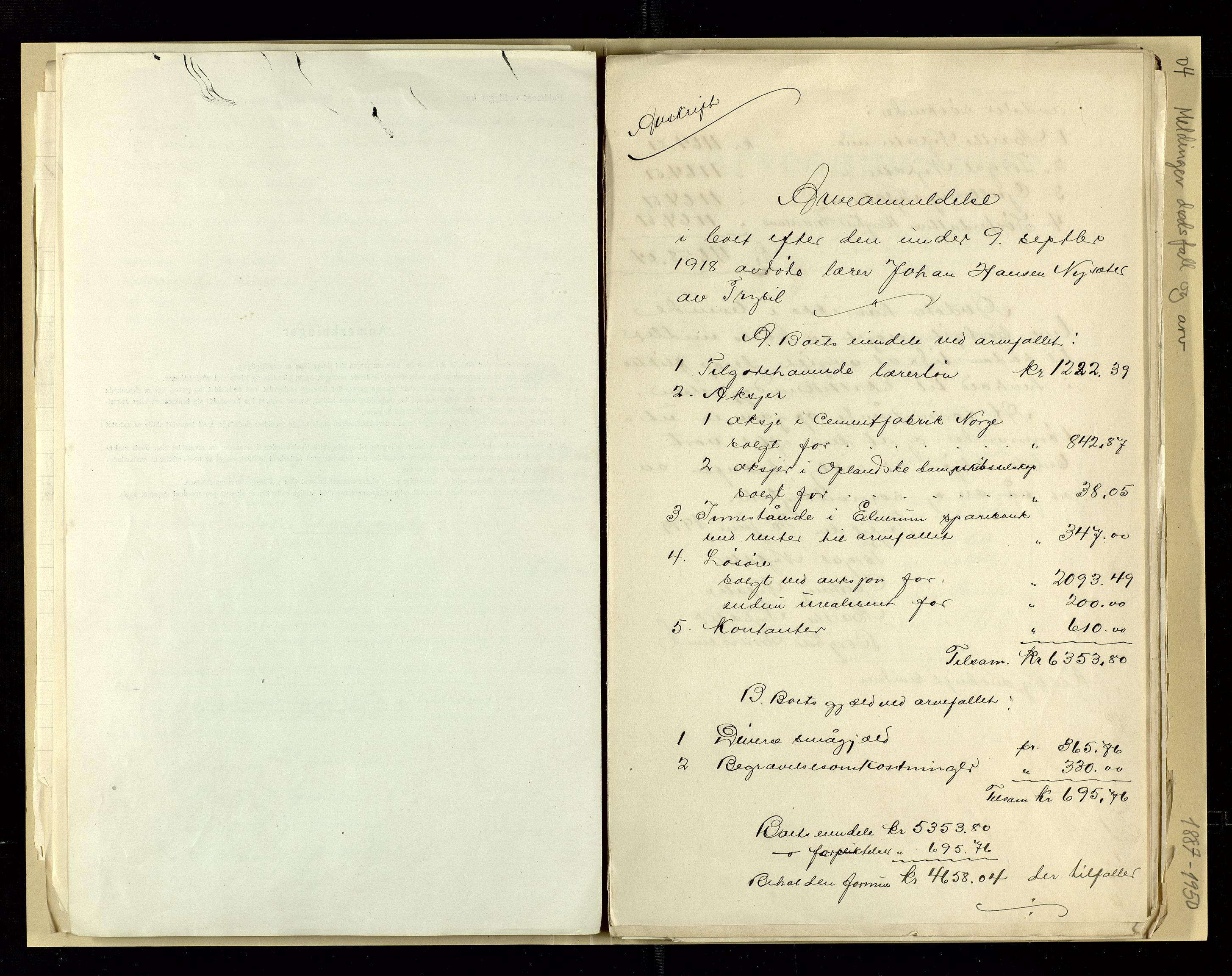 Åseral lensmannskontor, AV/SAK-1241-0055/F/Fe/L0001/0004: Dødsfallsprotokoller / Meldinger om dødsfall og arv, 1887-1950