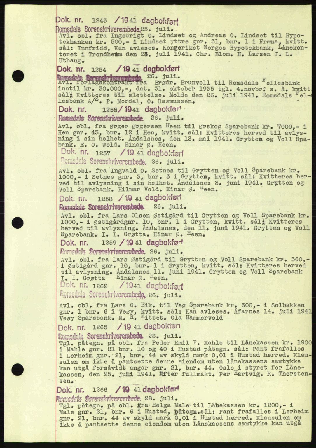 Romsdal sorenskriveri, AV/SAT-A-4149/1/2/2C: Pantebok nr. C1a, 1936-1945, Dagboknr: 1243/1941