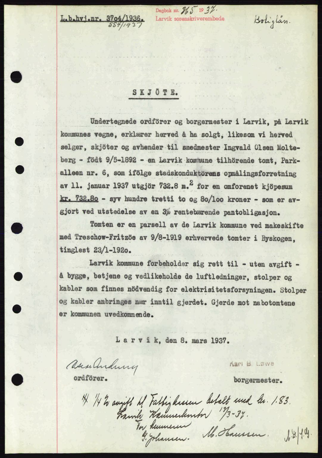 Larvik sorenskriveri, SAKO/A-83/G/Ga/Gab/L0067: Pantebok nr. A-1, 1936-1937, Dagboknr: 365/1937