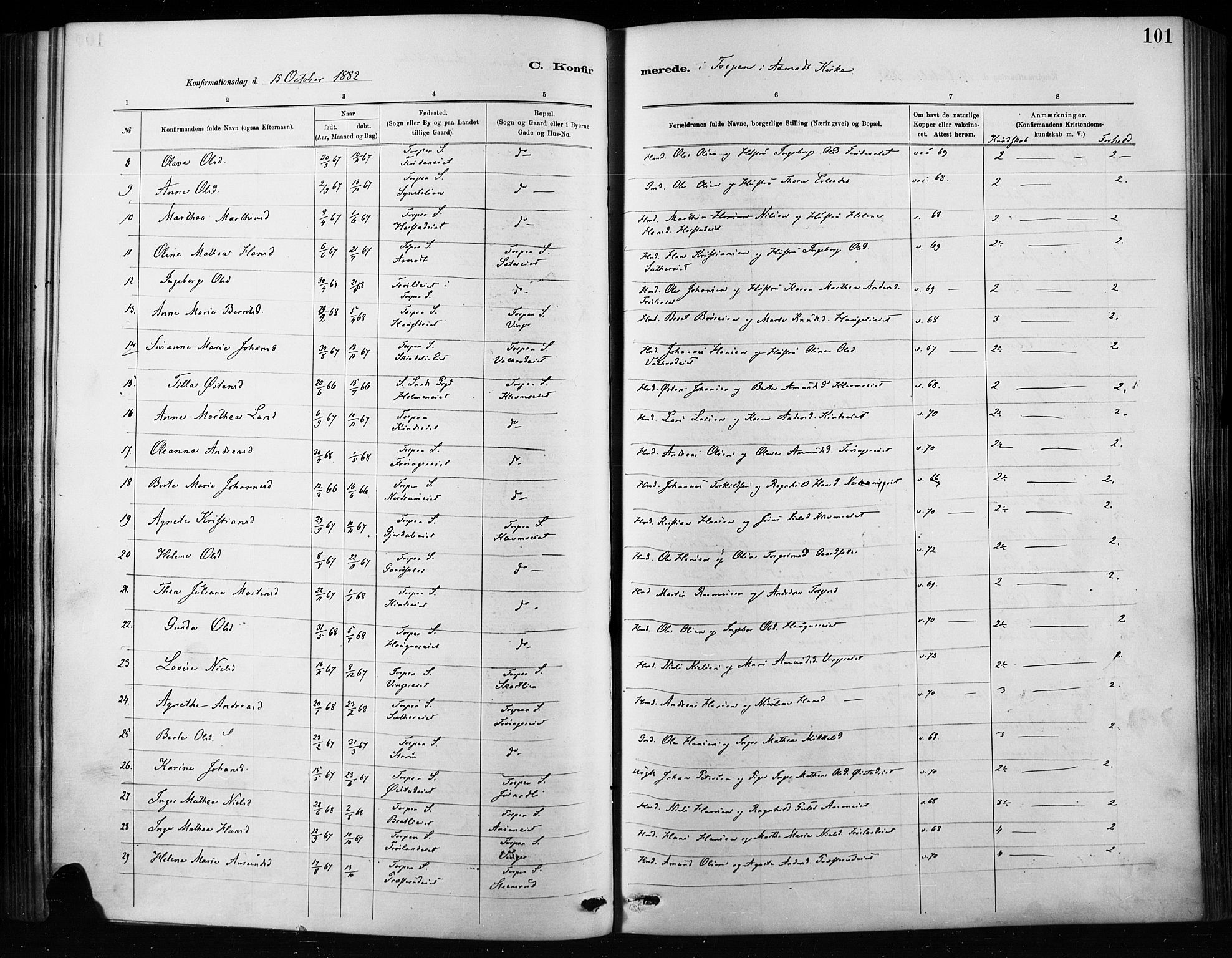 Nordre Land prestekontor, AV/SAH-PREST-124/H/Ha/Haa/L0004: Ministerialbok nr. 4, 1882-1896, s. 101