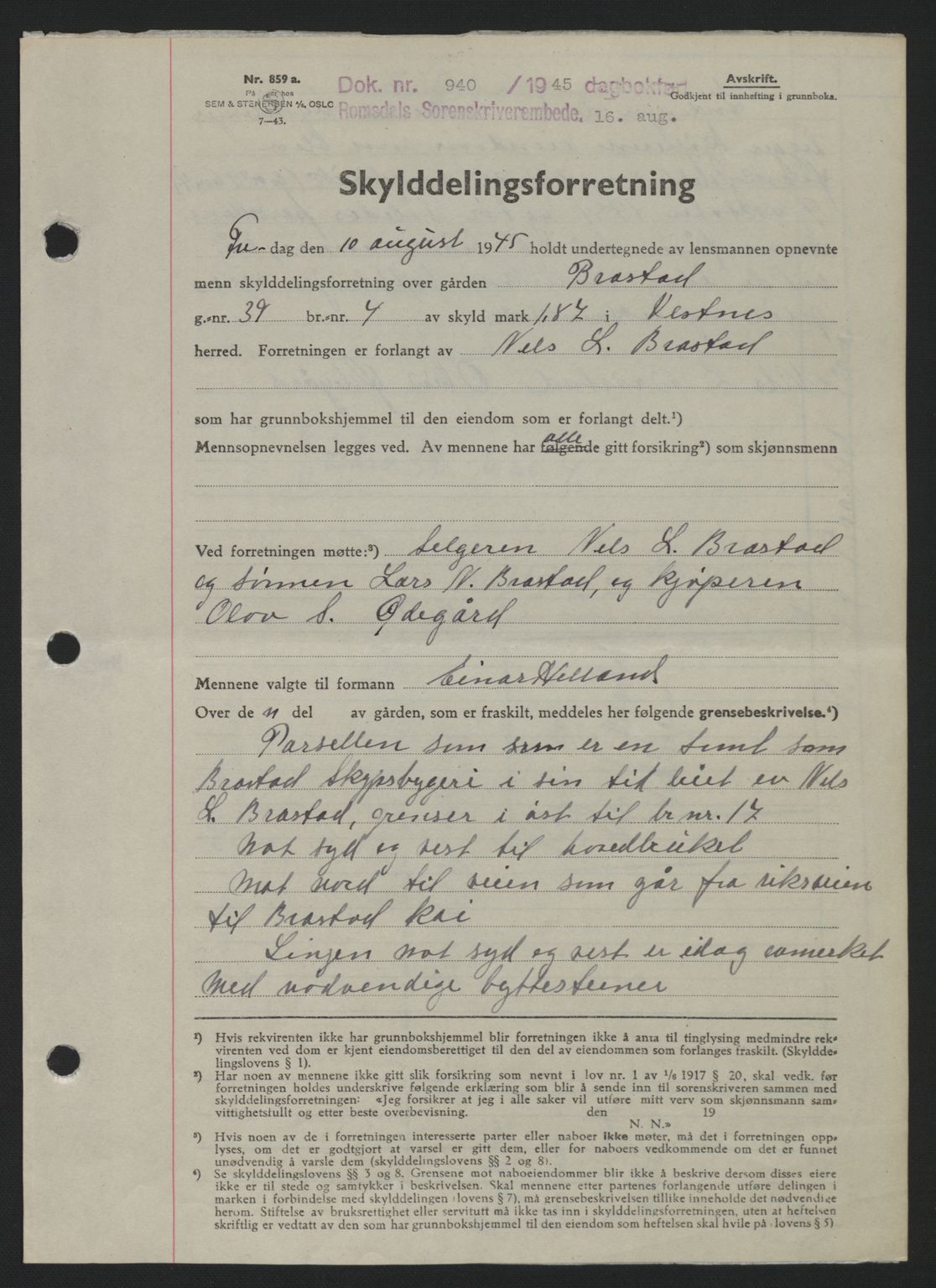Romsdal sorenskriveri, SAT/A-4149/1/2/2C: Pantebok nr. A18, 1945-1945, Dagboknr: 940/1945