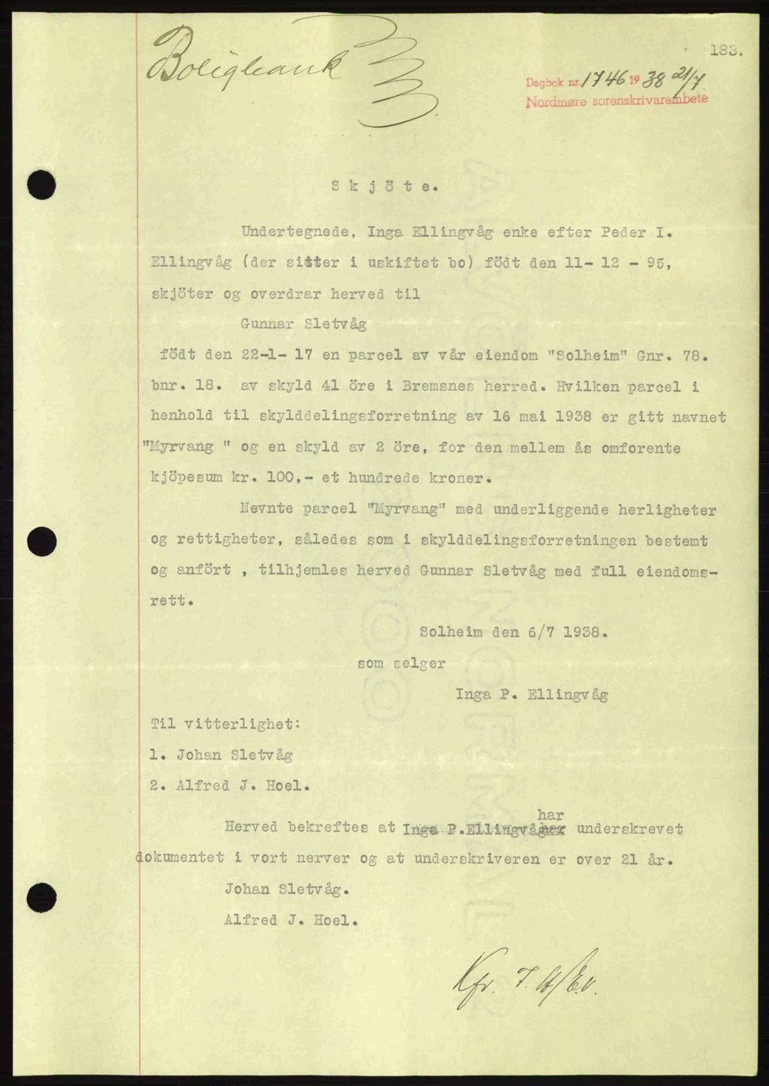 Nordmøre sorenskriveri, SAT/A-4132/1/2/2Ca: Pantebok nr. A84, 1938-1938, Dagboknr: 1746/1938