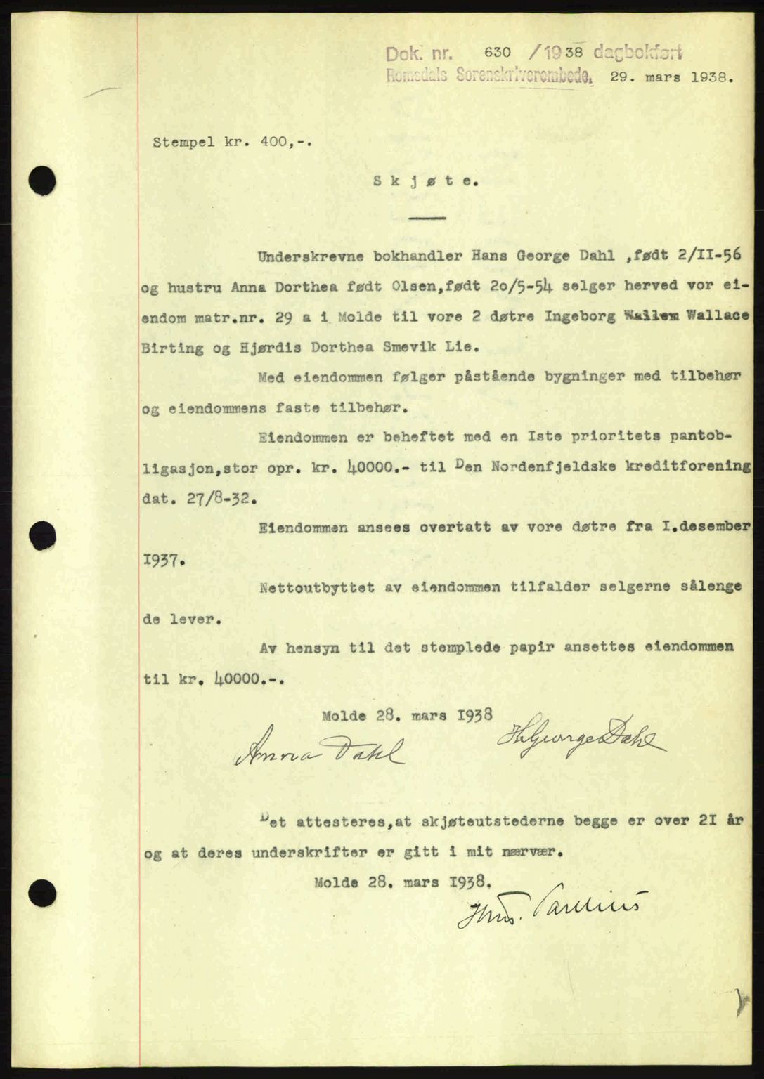 Romsdal sorenskriveri, SAT/A-4149/1/2/2C: Pantebok nr. A4, 1937-1938, Dagboknr: 630/1938