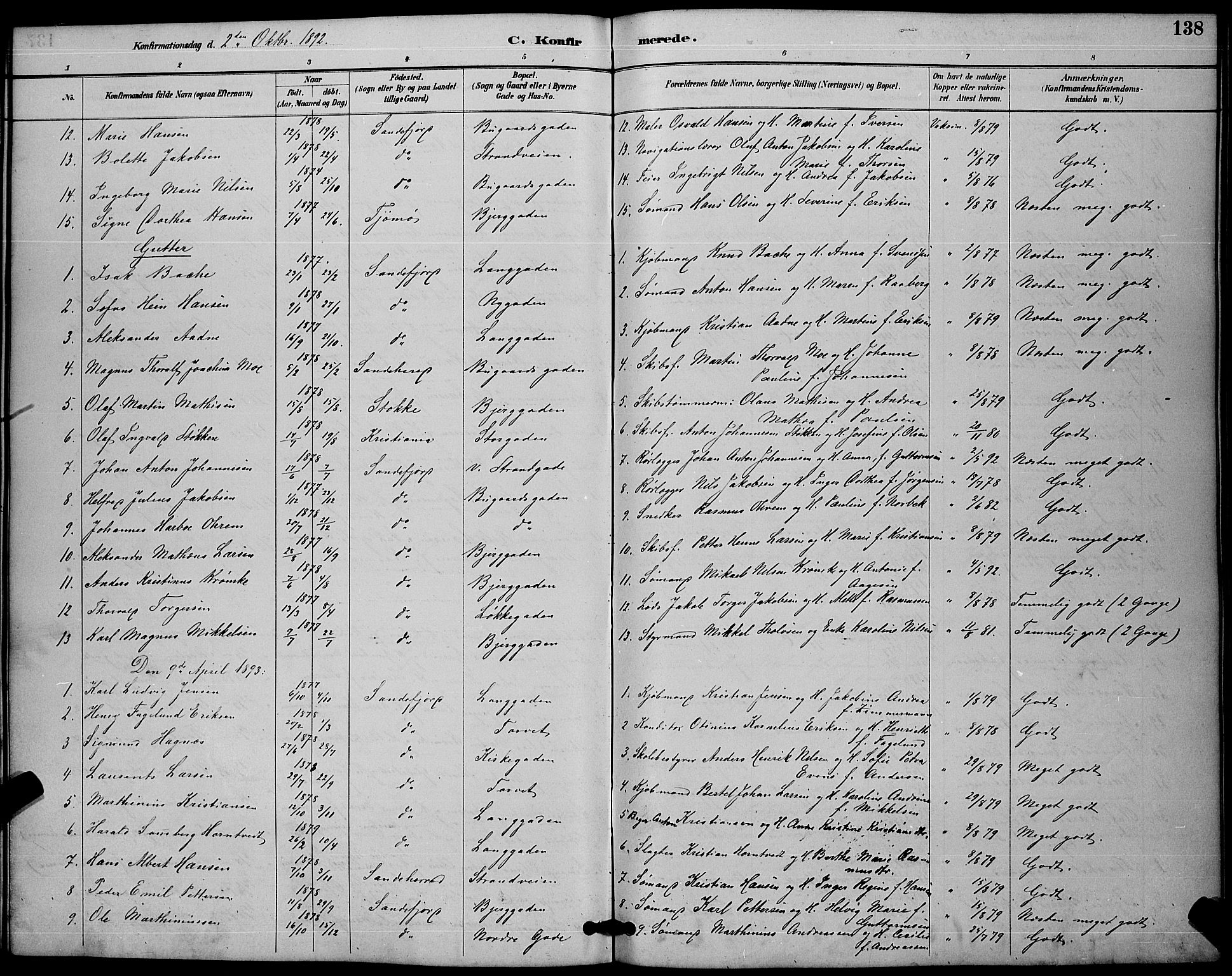 Sandefjord kirkebøker, AV/SAKO-A-315/G/Ga/L0001: Klokkerbok nr. 1, 1885-1903, s. 138