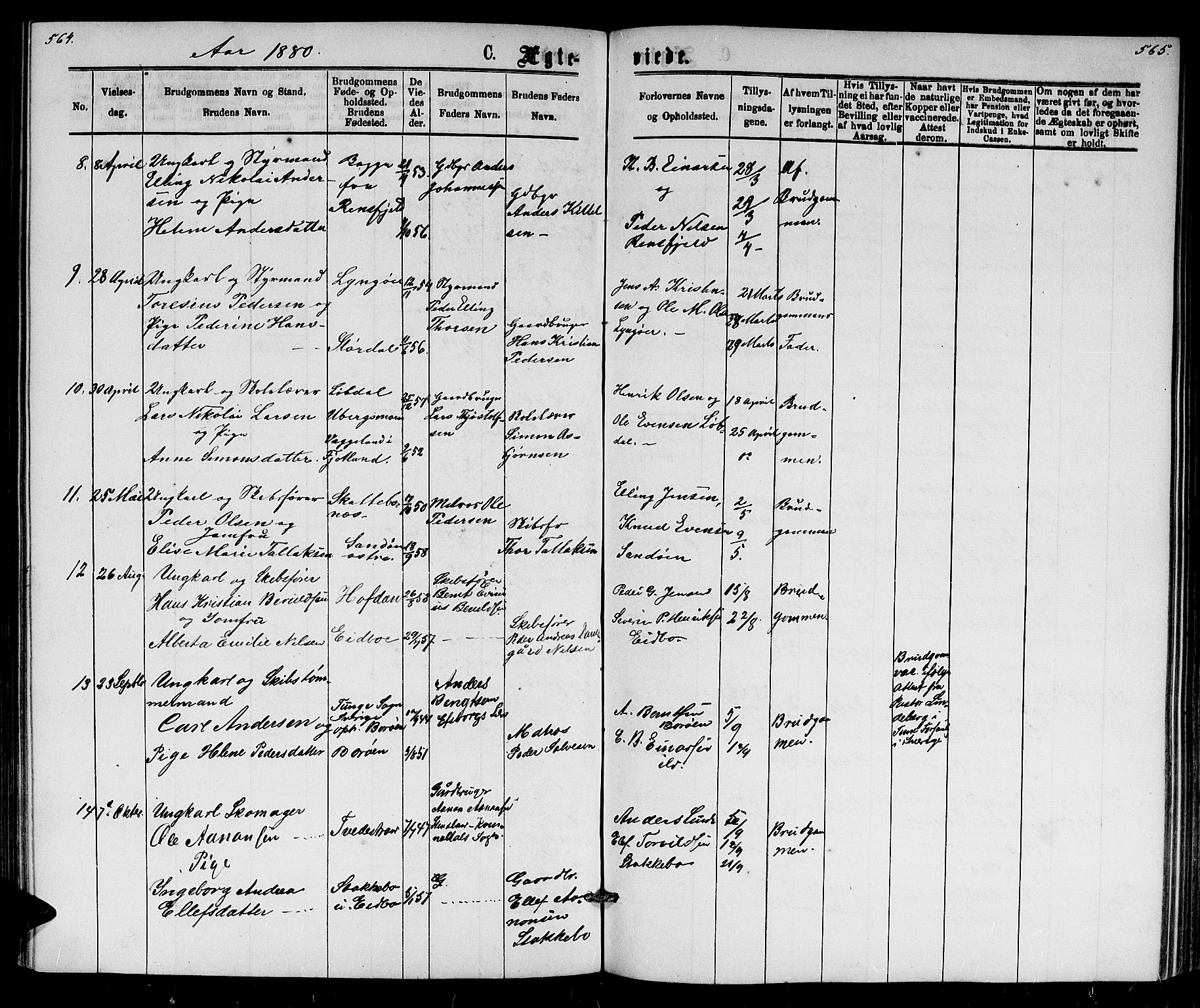 Dypvåg sokneprestkontor, AV/SAK-1111-0007/F/Fb/Fba/L0012: Klokkerbok nr. B 12, 1872-1886, s. 564-565