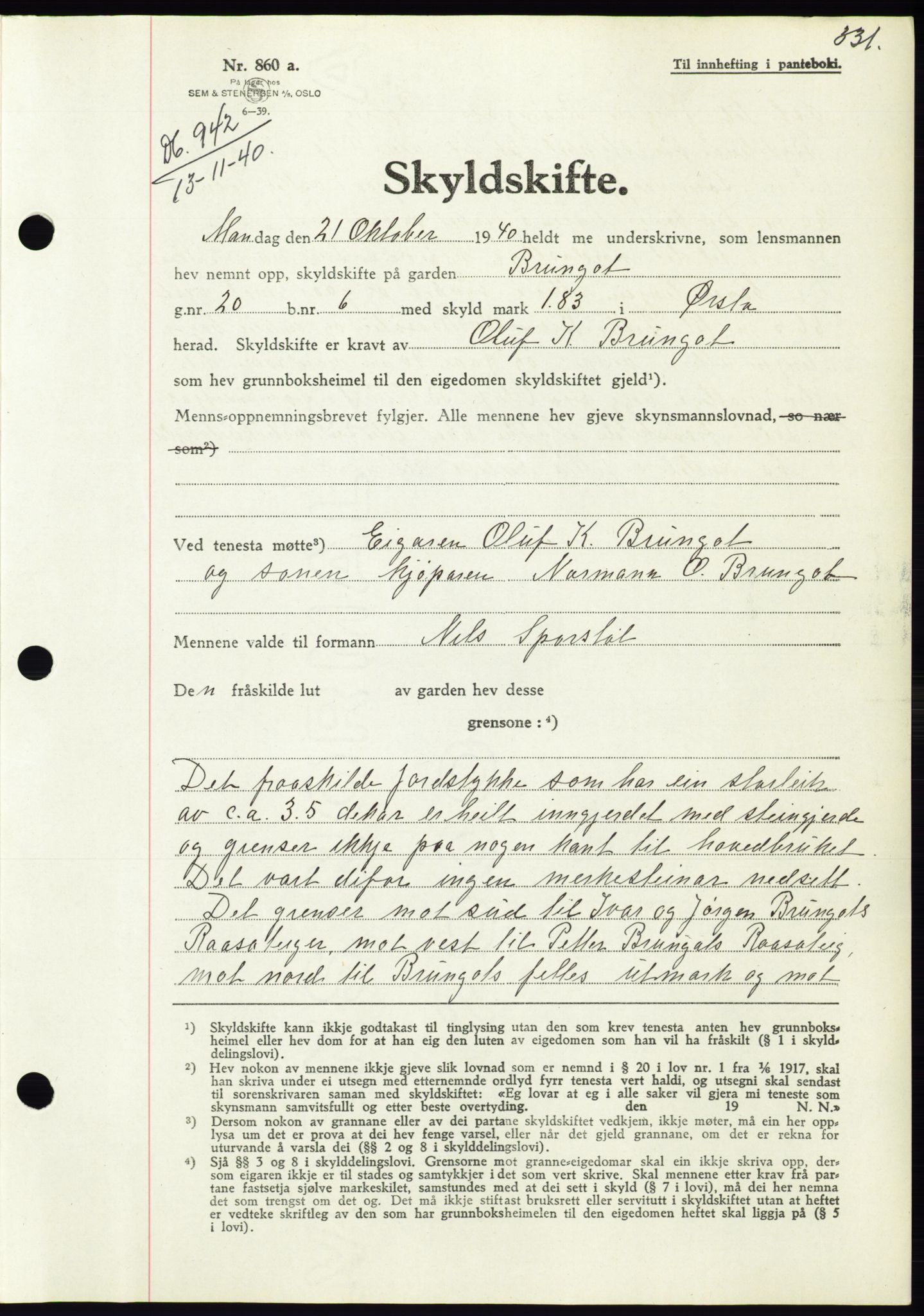 Søre Sunnmøre sorenskriveri, SAT/A-4122/1/2/2C/L0070: Pantebok nr. 64, 1940-1941, Dagboknr: 942/1940