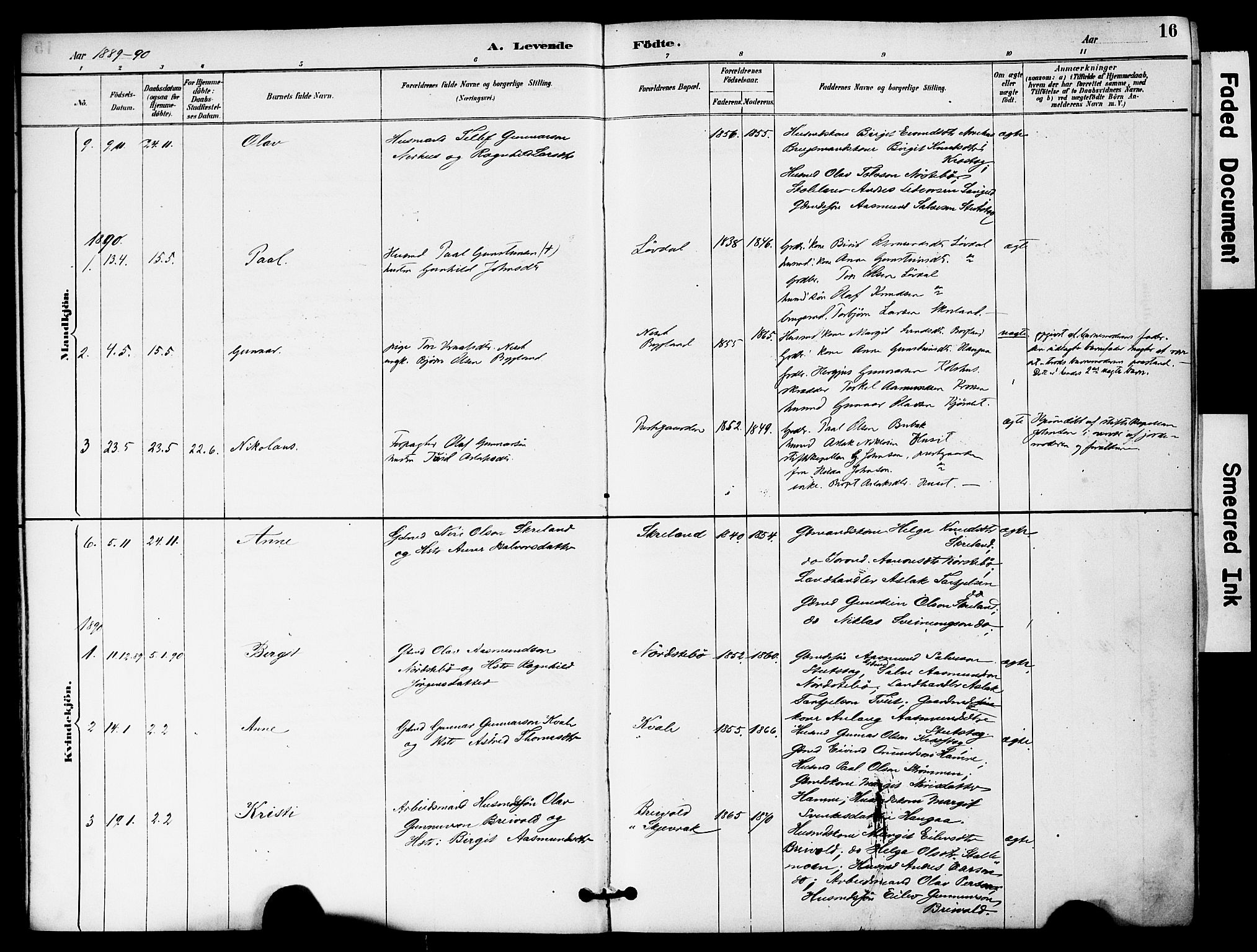 Bygland sokneprestkontor, AV/SAK-1111-0006/F/Fa/Fab/L0007: Ministerialbok nr. A 7, 1885-1909, s. 16