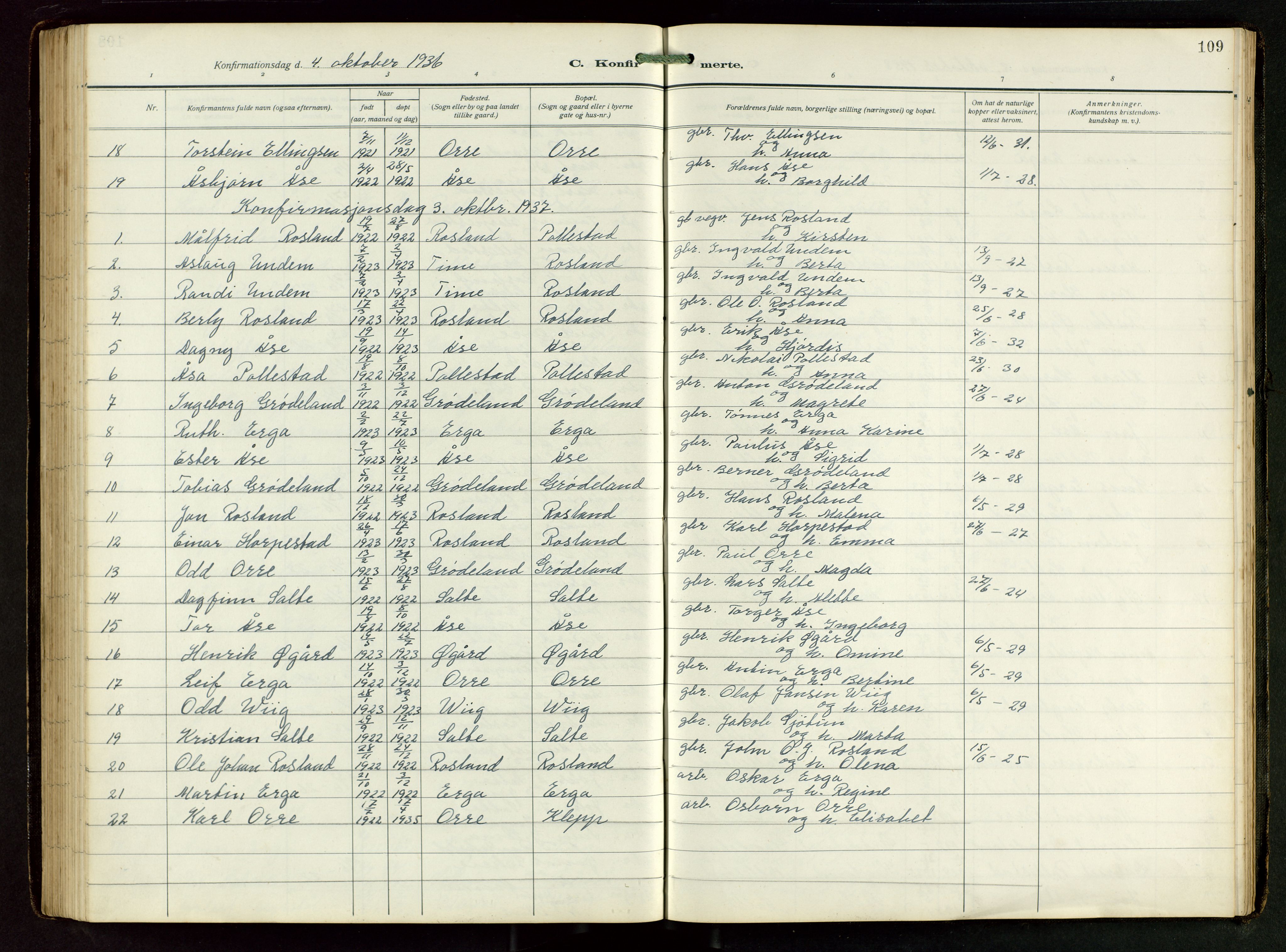 Klepp sokneprestkontor, AV/SAST-A-101803/001/3/30BB/L0008: Klokkerbok nr. B 8, 1918-1949, s. 109