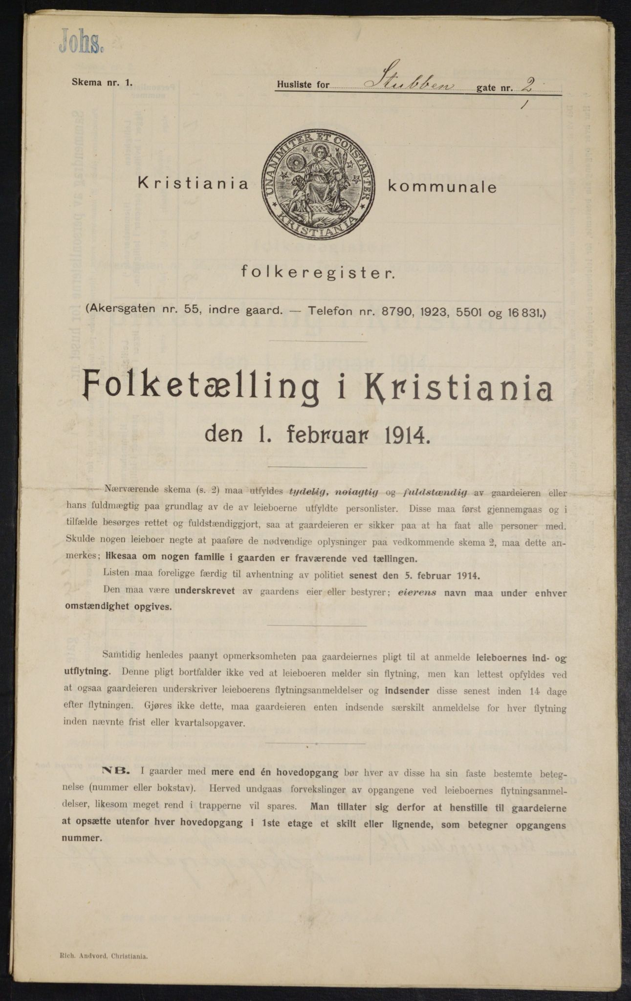 OBA, Kommunal folketelling 1.2.1914 for Kristiania, 1914, s. 105124