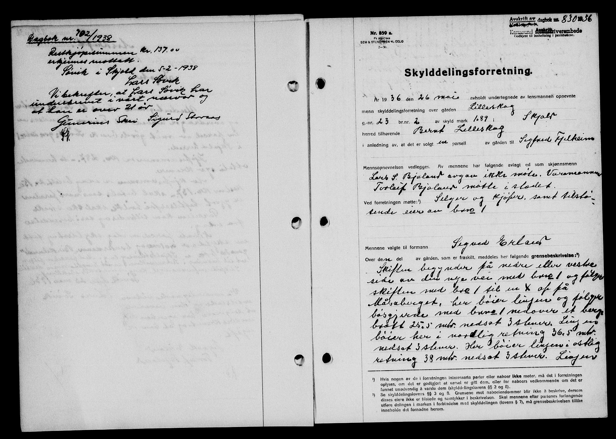 Karmsund sorenskriveri, SAST/A-100311/01/II/IIB/L0066: Pantebok nr. 47A, 1936-1936, Dagboknr: 830/1936