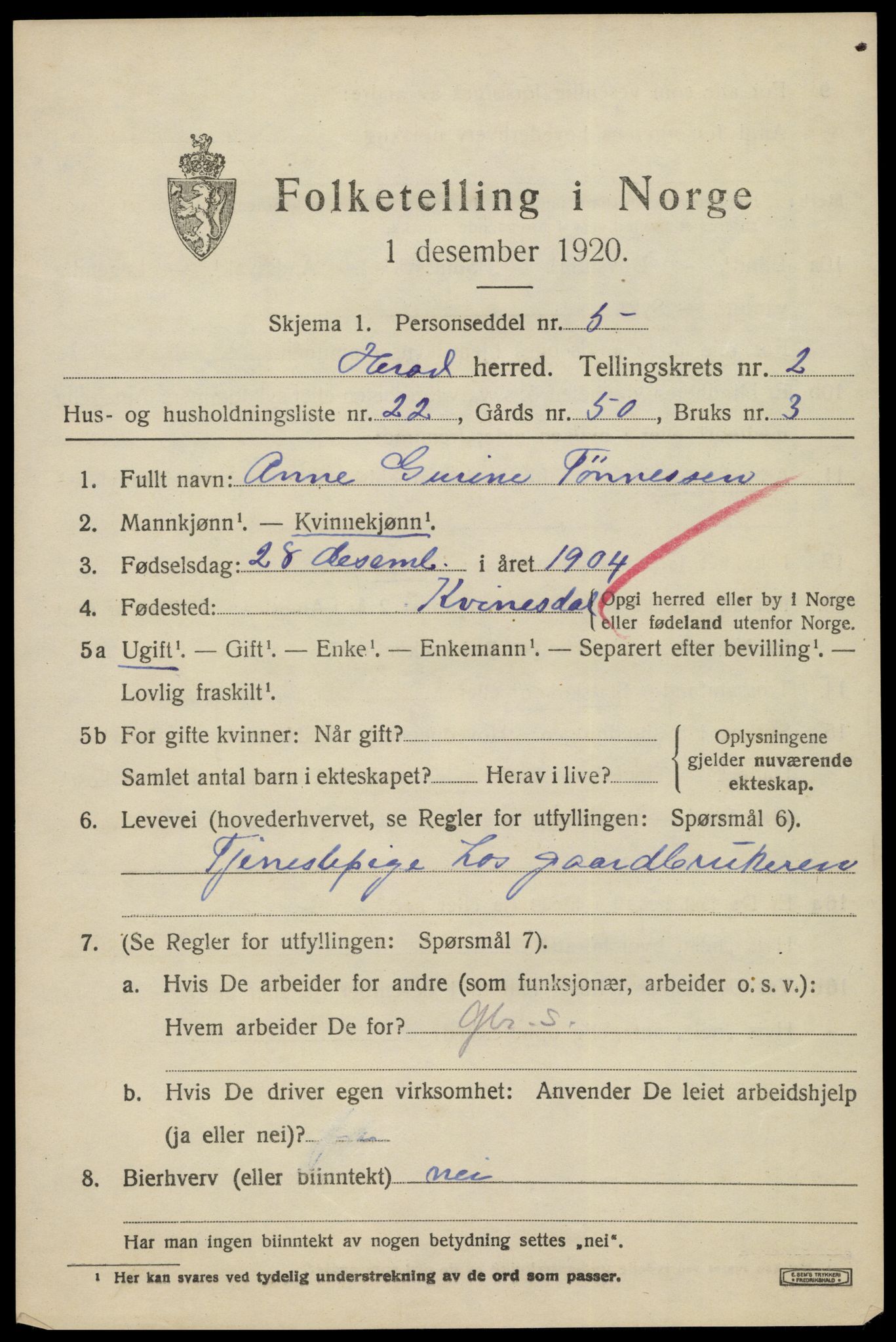 SAK, Folketelling 1920 for 1039 Herad herred, 1920, s. 1280