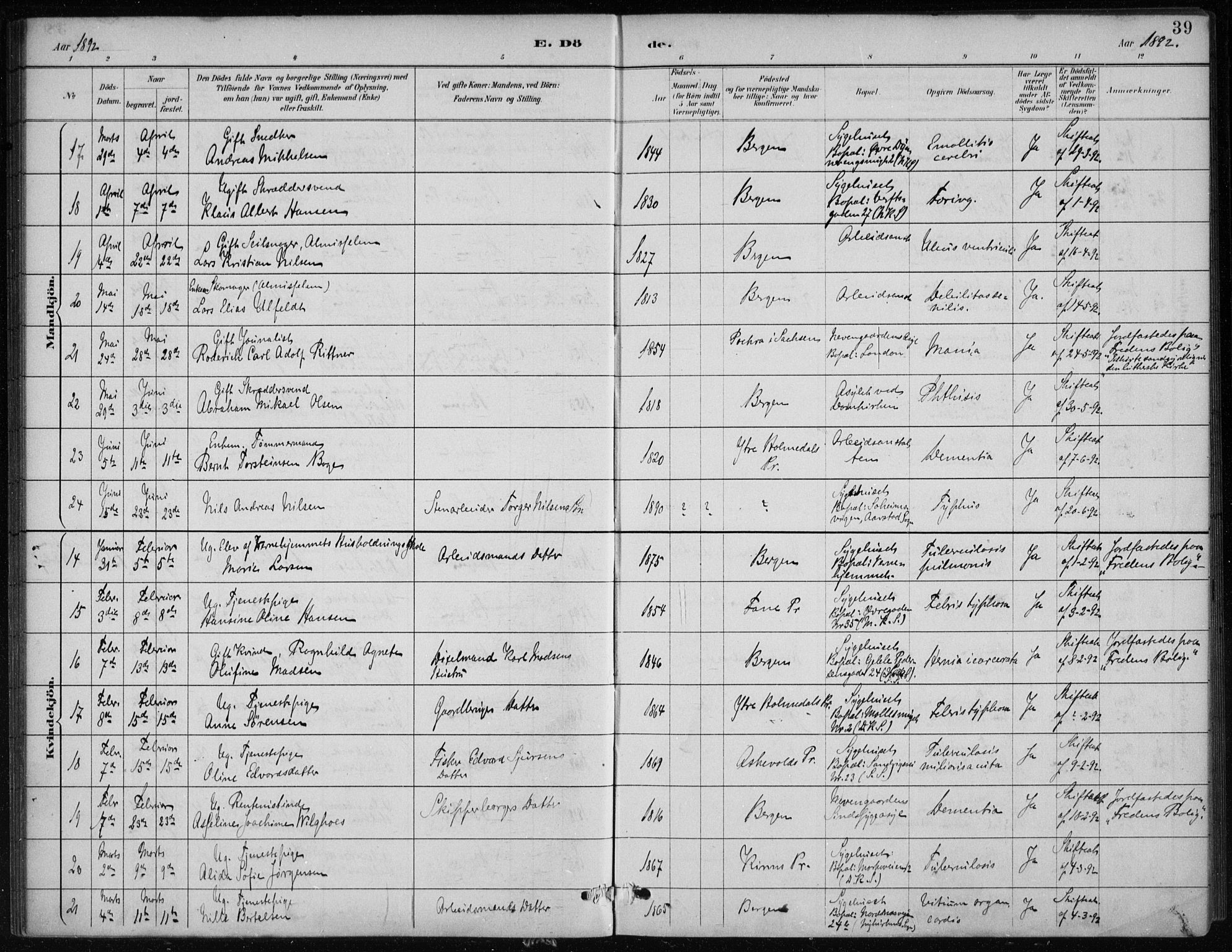Bergen kommunale pleiehjem - stiftelsespresten, AV/SAB-A-100281: Ministerialbok nr. A 5, 1887-1908, s. 39