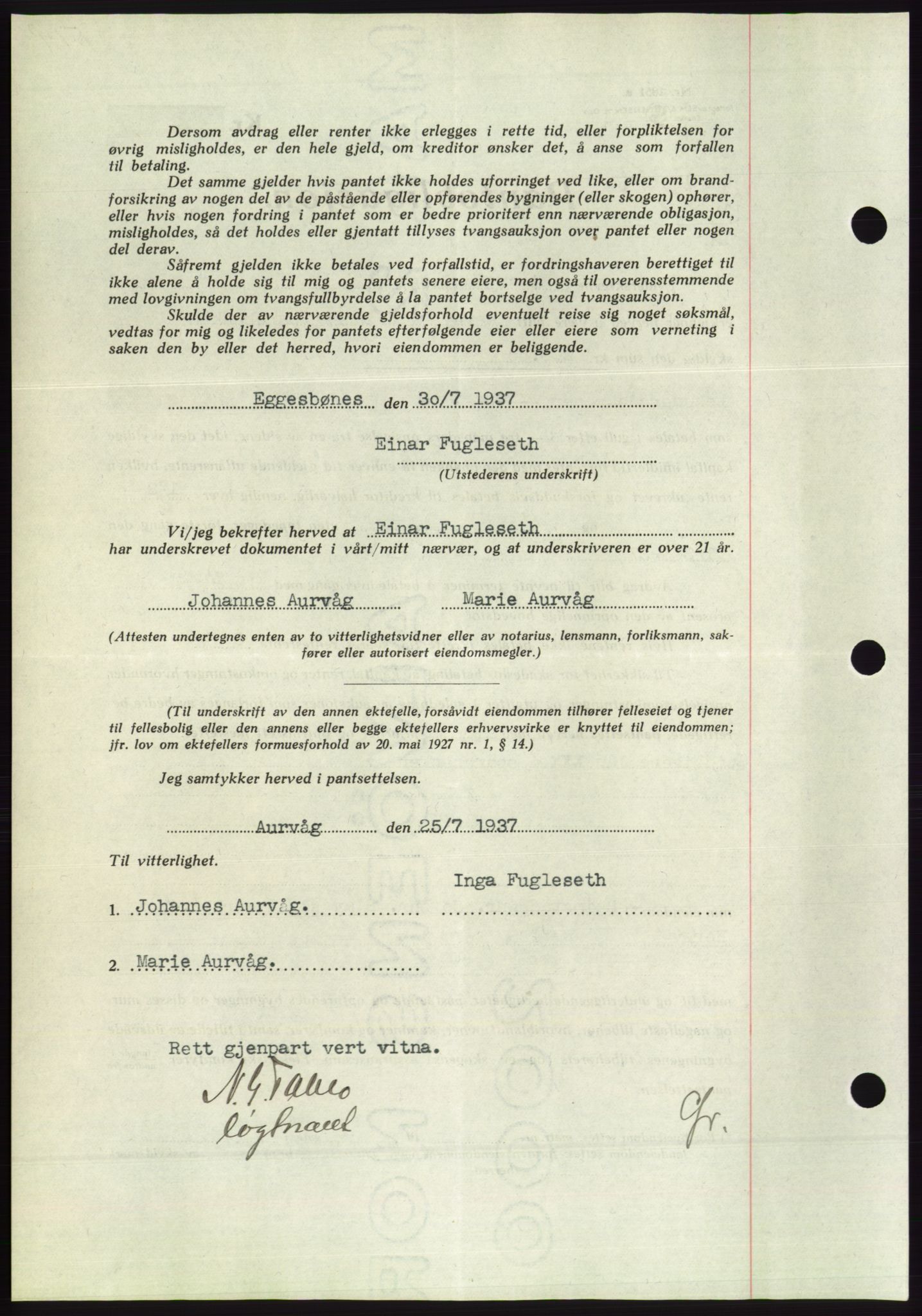 Søre Sunnmøre sorenskriveri, AV/SAT-A-4122/1/2/2C/L0063: Pantebok nr. 57, 1937-1937, Dagboknr: 1238/1937