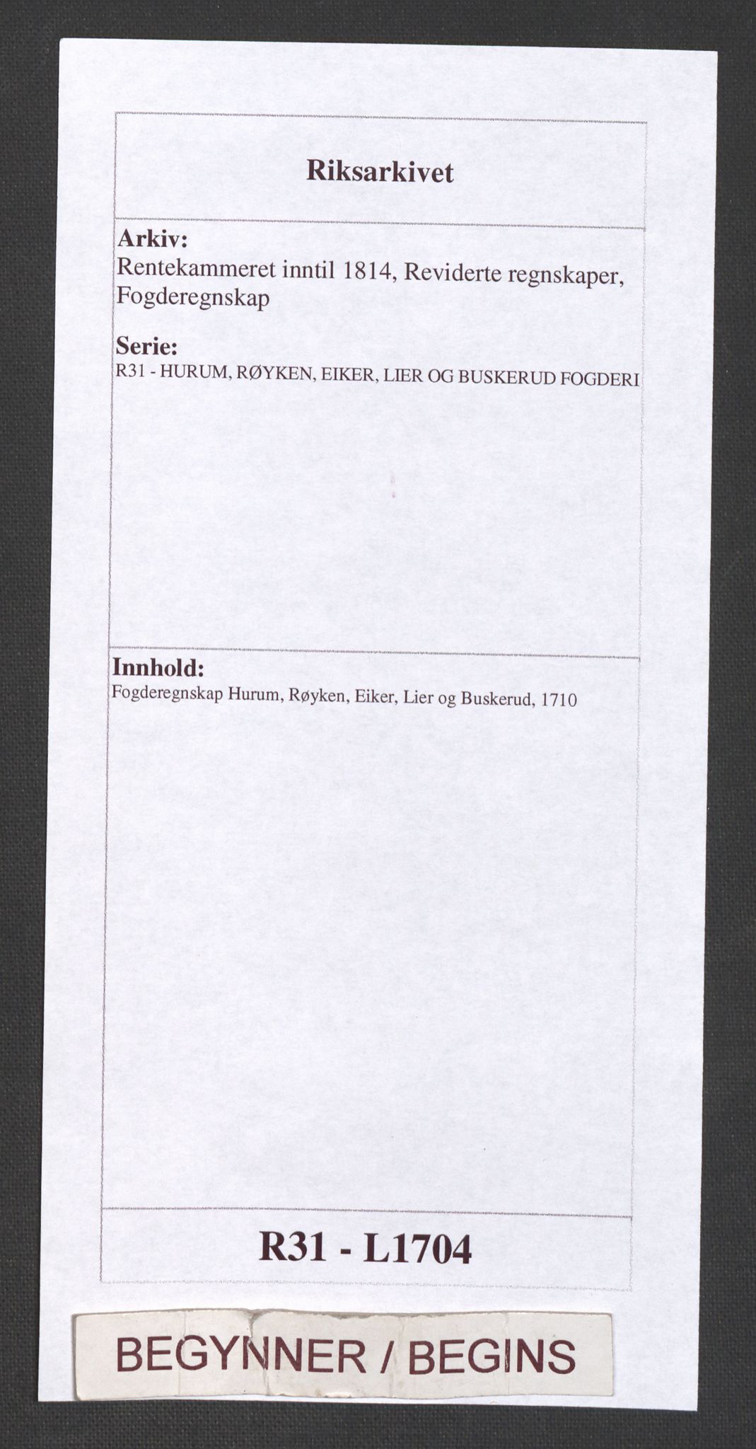 Rentekammeret inntil 1814, Reviderte regnskaper, Fogderegnskap, AV/RA-EA-4092/R31/L1704: Fogderegnskap Hurum, Røyken, Eiker, Lier og Buskerud, 1710, s. 1