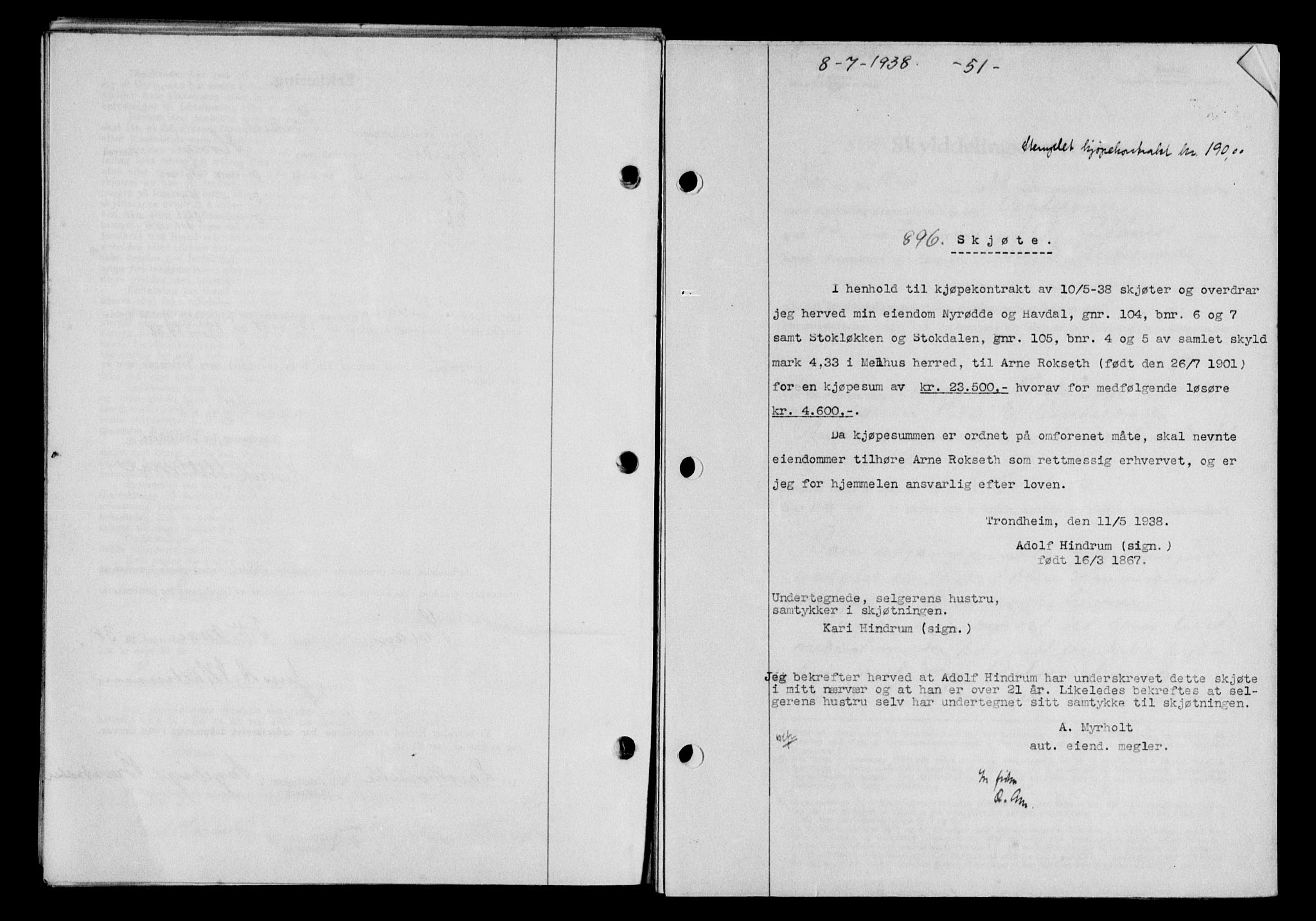 Gauldal sorenskriveri, SAT/A-0014/1/2/2C/L0049: Pantebok nr. 53, 1938-1938, Dagboknr: 896/1938