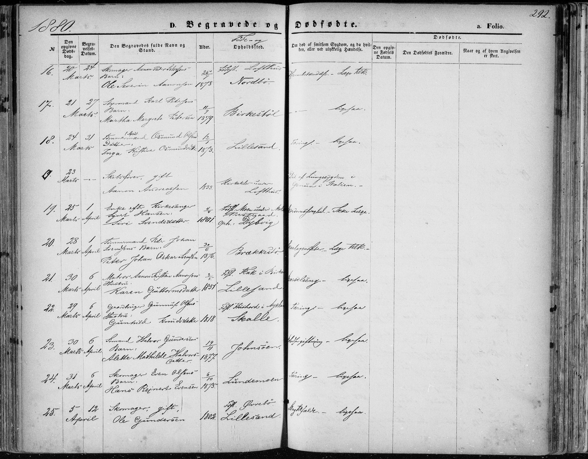 Vestre Moland sokneprestkontor, AV/SAK-1111-0046/F/Fa/Fab/L0008: Ministerialbok nr. A 8, 1873-1883, s. 292