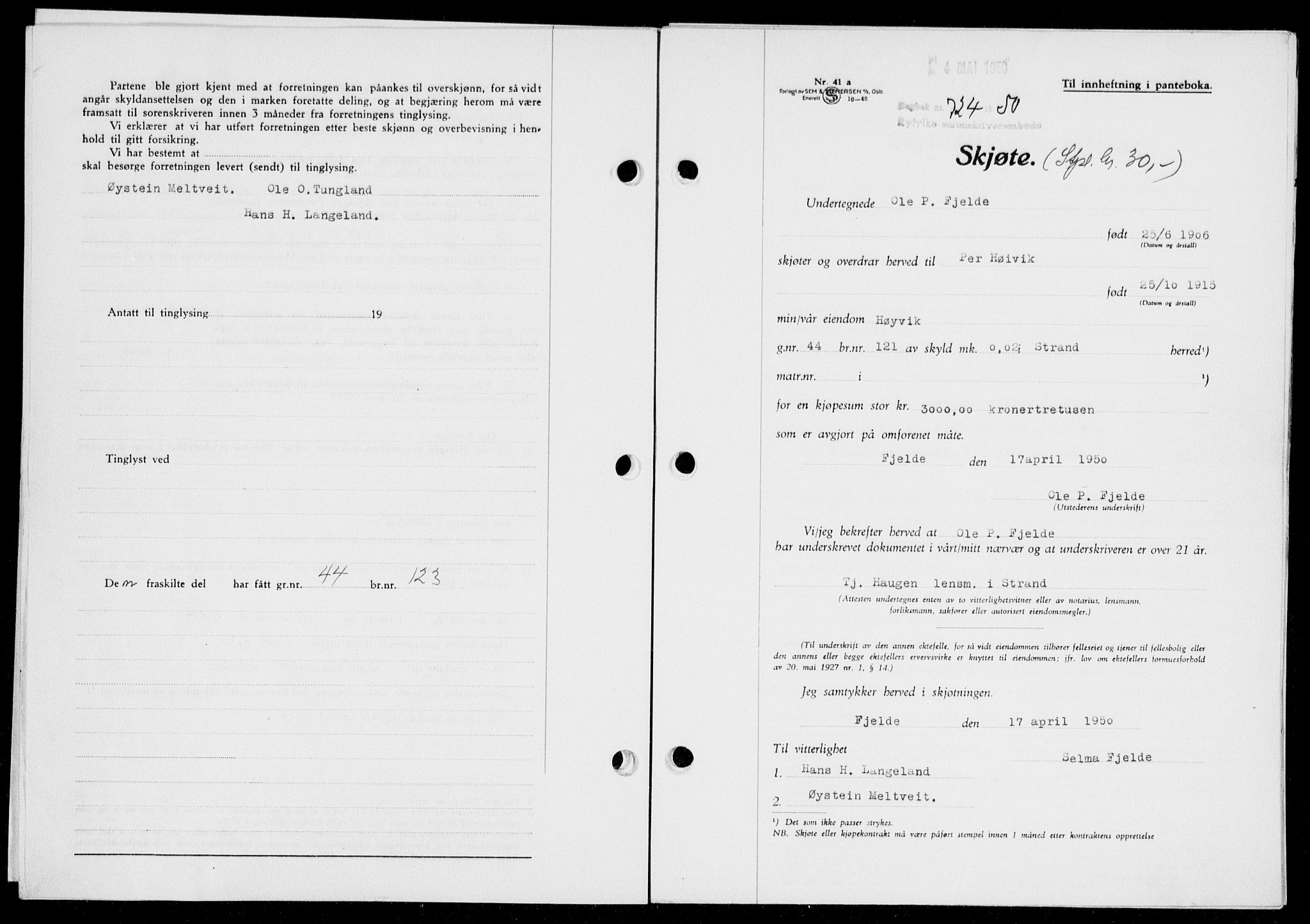 Ryfylke tingrett, SAST/A-100055/001/II/IIB/L0109: Pantebok nr. 88, 1950-1950, Dagboknr: 724/1950