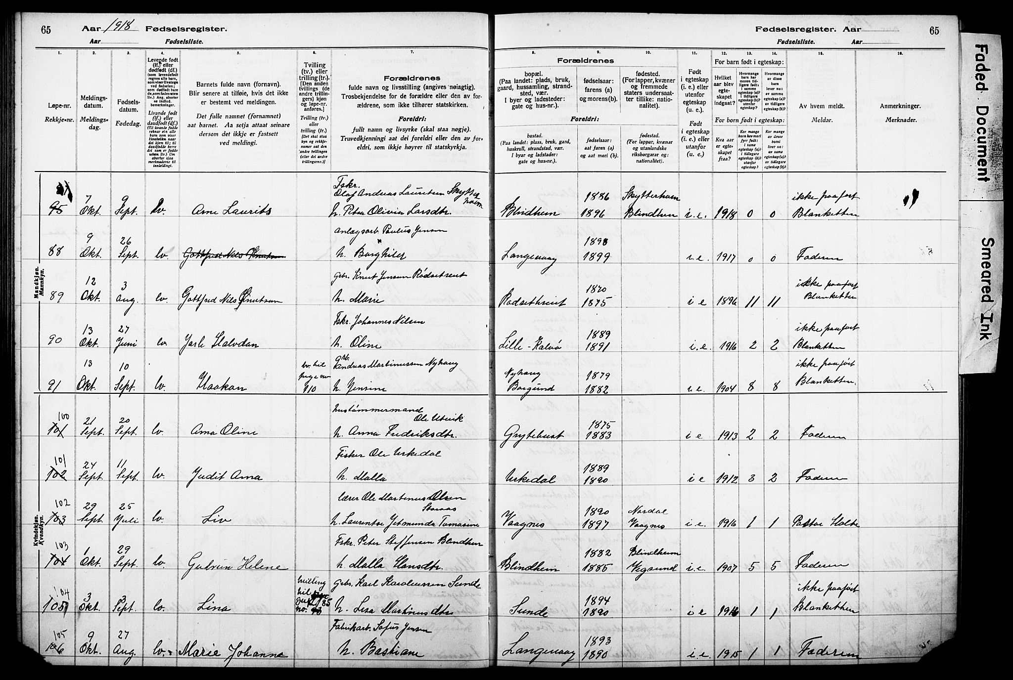 Ministerialprotokoller, klokkerbøker og fødselsregistre - Møre og Romsdal, AV/SAT-A-1454/528/L0442: Fødselsregister nr. 528.II.4.1, 1916-1924, s. 65