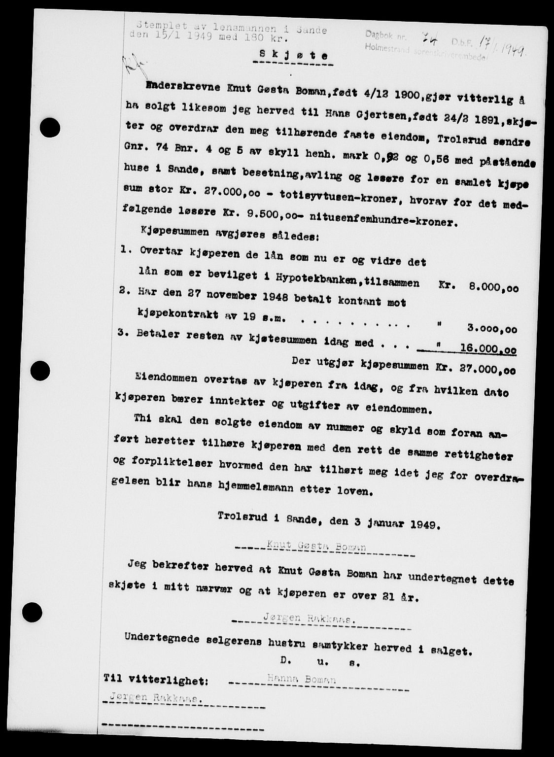 Holmestrand sorenskriveri, SAKO/A-67/G/Ga/Gaa/L0065: Pantebok nr. A-65, 1948-1949, Dagboknr: 74/1949