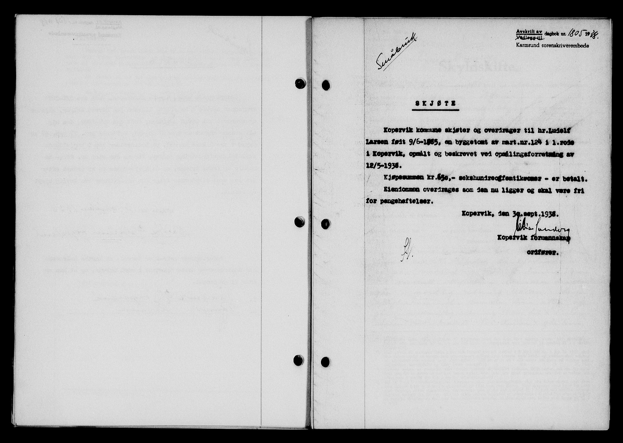 Karmsund sorenskriveri, SAST/A-100311/01/II/IIB/L0070: Pantebok nr. 51A, 1938-1939, Dagboknr: 1805/1938