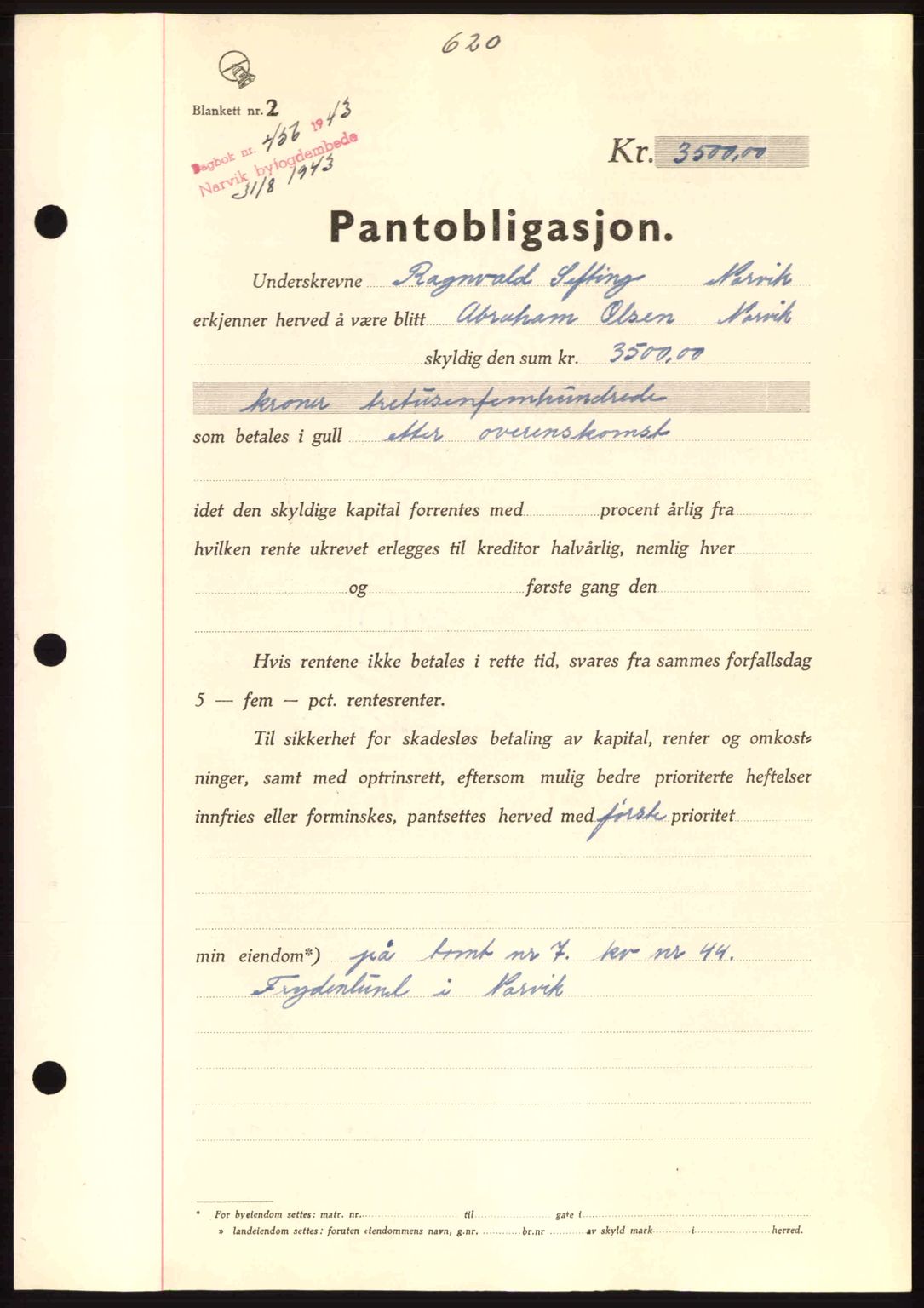 Narvik sorenskriveri, SAT/A-0002/1/2/2C/2Ca: Pantebok nr. A19, 1942-1943, Dagboknr: 456/1943