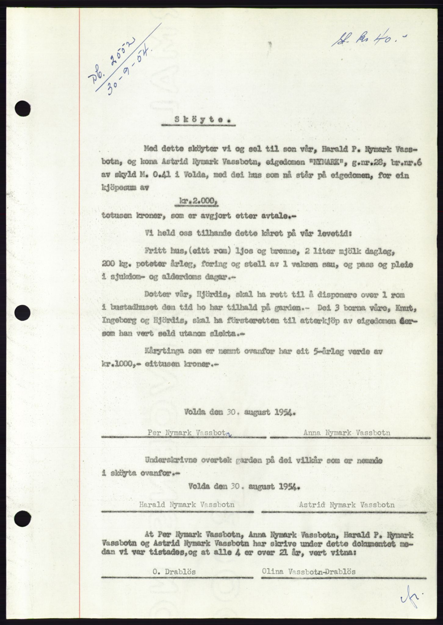 Søre Sunnmøre sorenskriveri, AV/SAT-A-4122/1/2/2C/L0099: Pantebok nr. 25A, 1954-1954, Dagboknr: 2552/1954