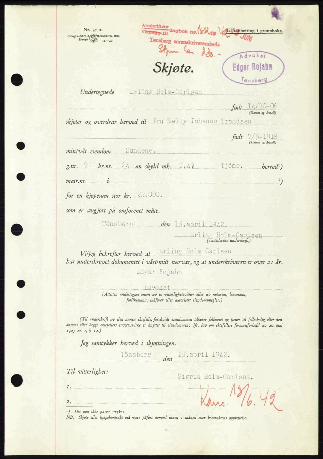 Tønsberg sorenskriveri, AV/SAKO-A-130/G/Ga/Gaa/L0011: Pantebok nr. A11, 1941-1942, Dagboknr: 1612/1942