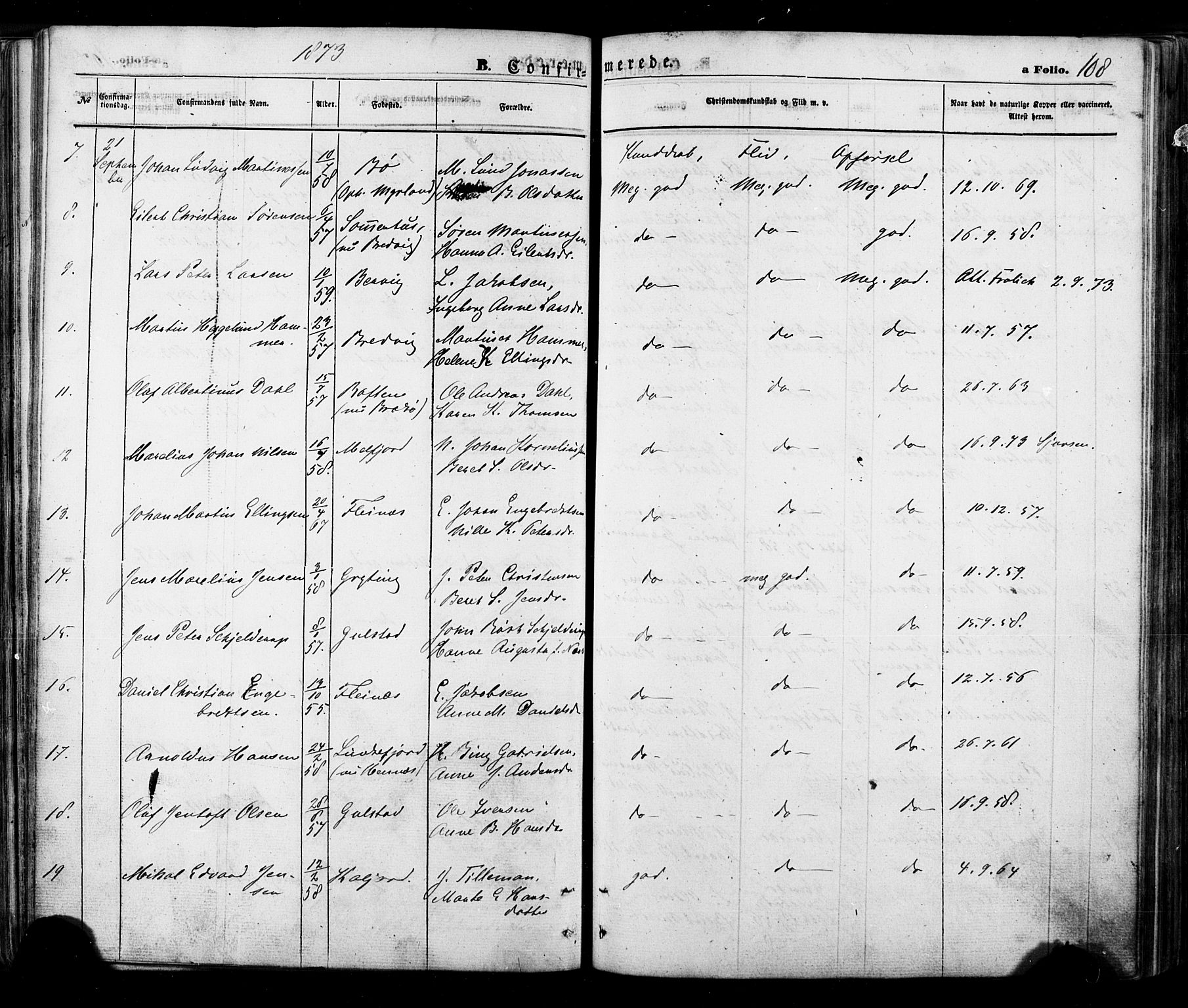 Ministerialprotokoller, klokkerbøker og fødselsregistre - Nordland, AV/SAT-A-1459/888/L1242: Ministerialbok nr. 888A08, 1870-1875, s. 108