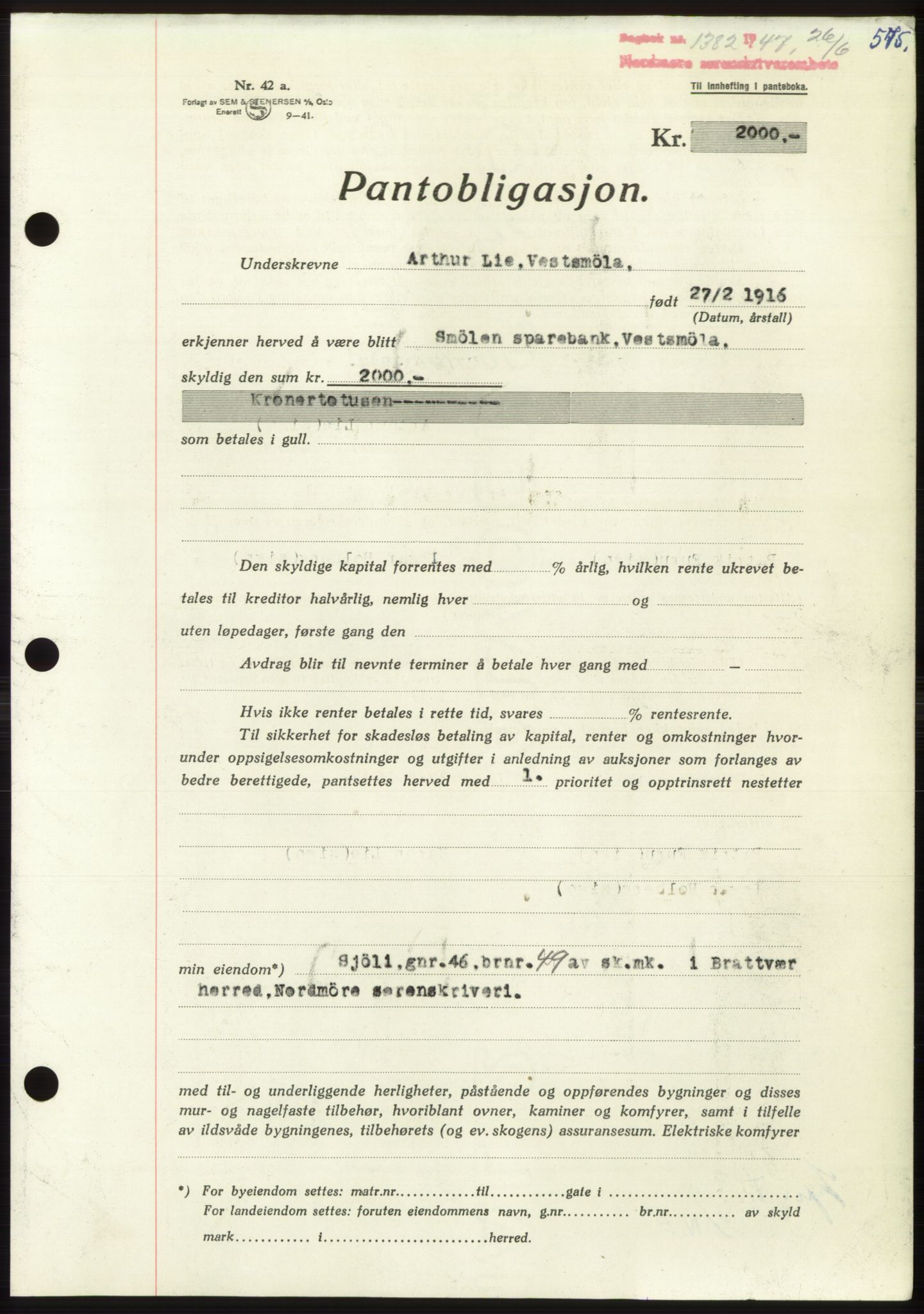Nordmøre sorenskriveri, SAT/A-4132/1/2/2Ca: Pantebok nr. B96, 1947-1947, Dagboknr: 1382/1947