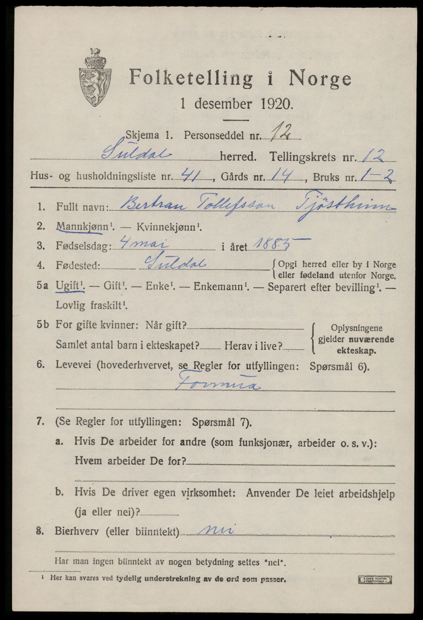 SAST, Folketelling 1920 for 1134 Suldal herred, 1920, s. 3948
