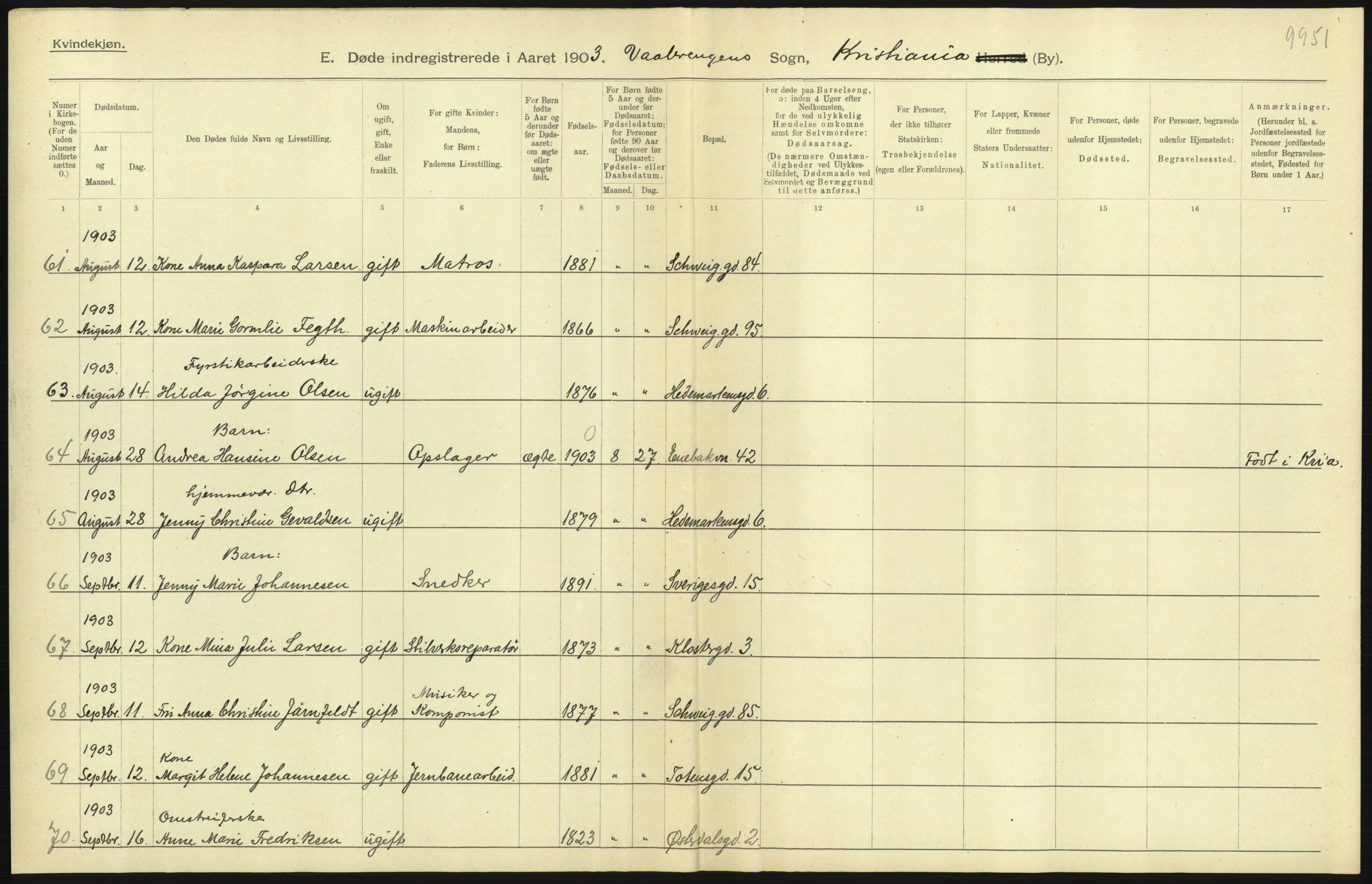 Statistisk sentralbyrå, Sosiodemografiske emner, Befolkning, AV/RA-S-2228/D/Df/Dfa/Dfaa/L0004: Kristiania: Gifte, døde, 1903, s. 419