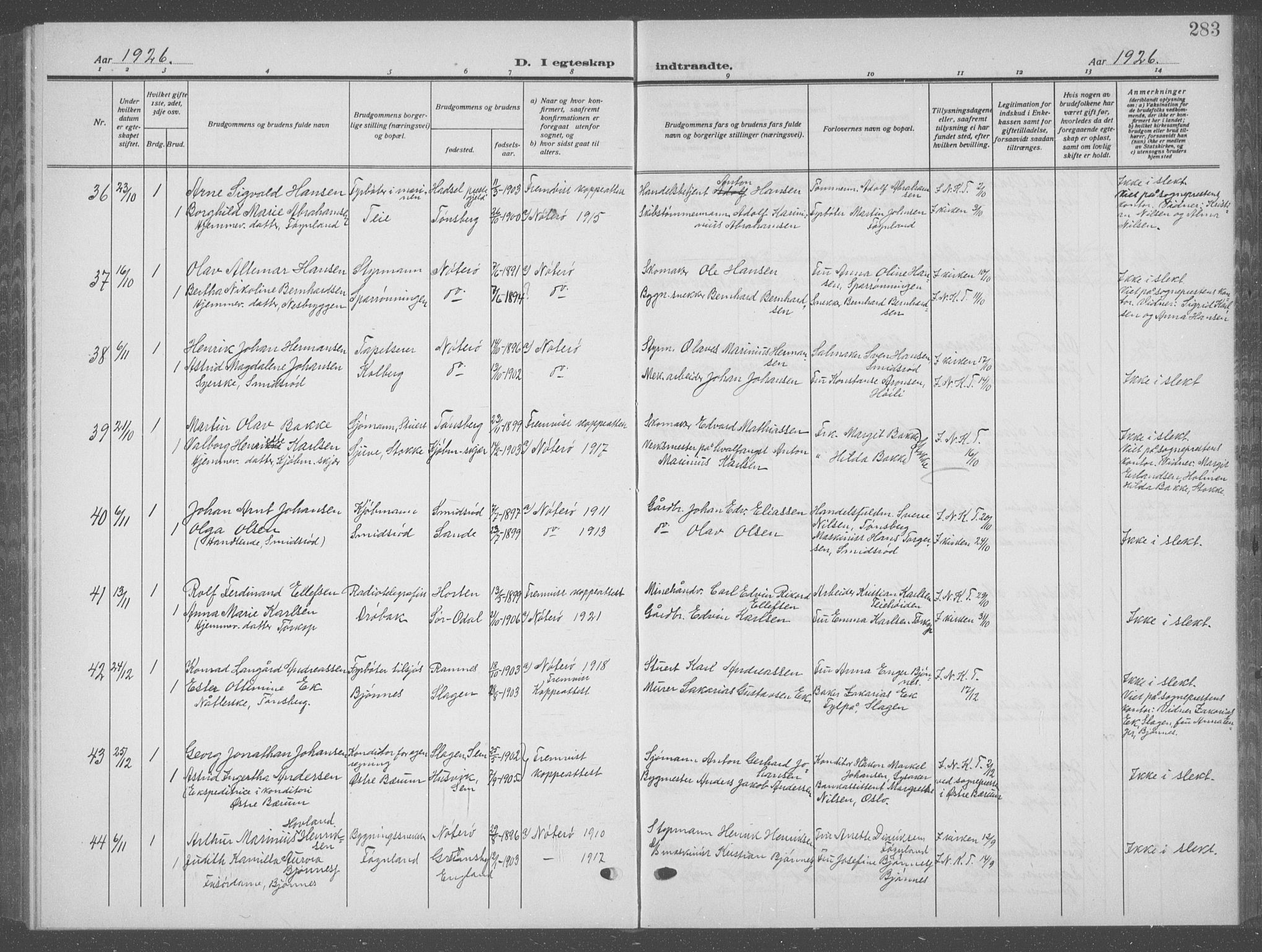 Nøtterøy kirkebøker, AV/SAKO-A-354/G/Ga/L0006: Klokkerbok nr. I 6, 1925-1939, s. 283