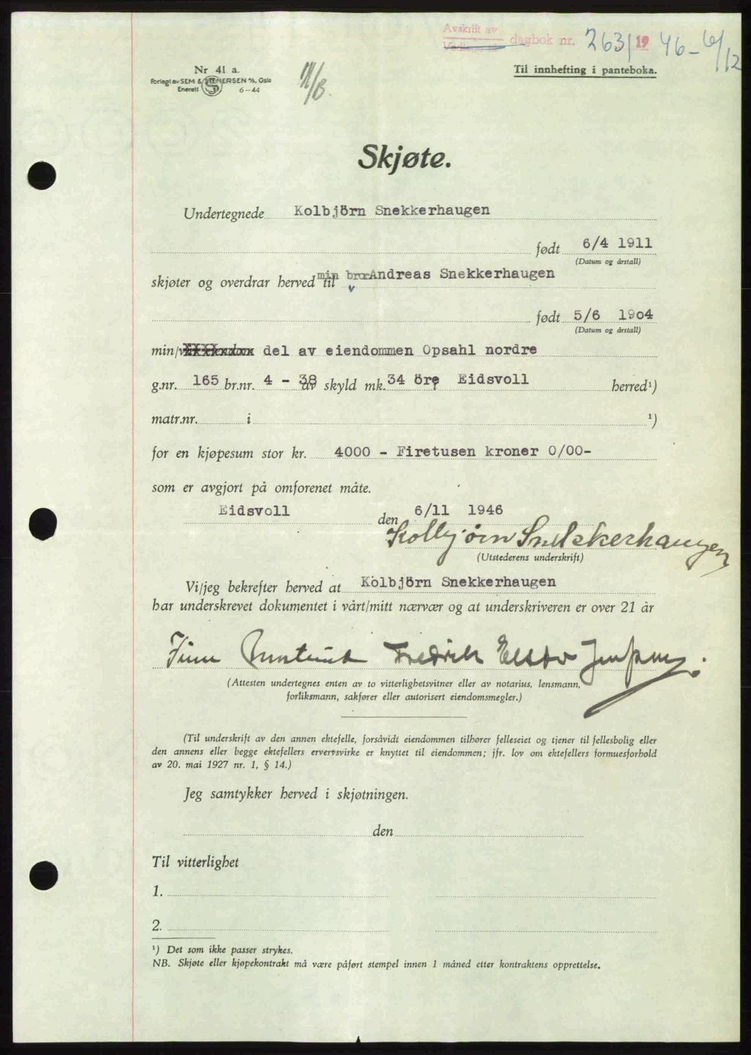 Eidsvoll tingrett, SAO/A-10371/G/Gb/Gbb/L0015: Pantebok nr. A43, 1946-1947, Dagboknr: 2631/1946